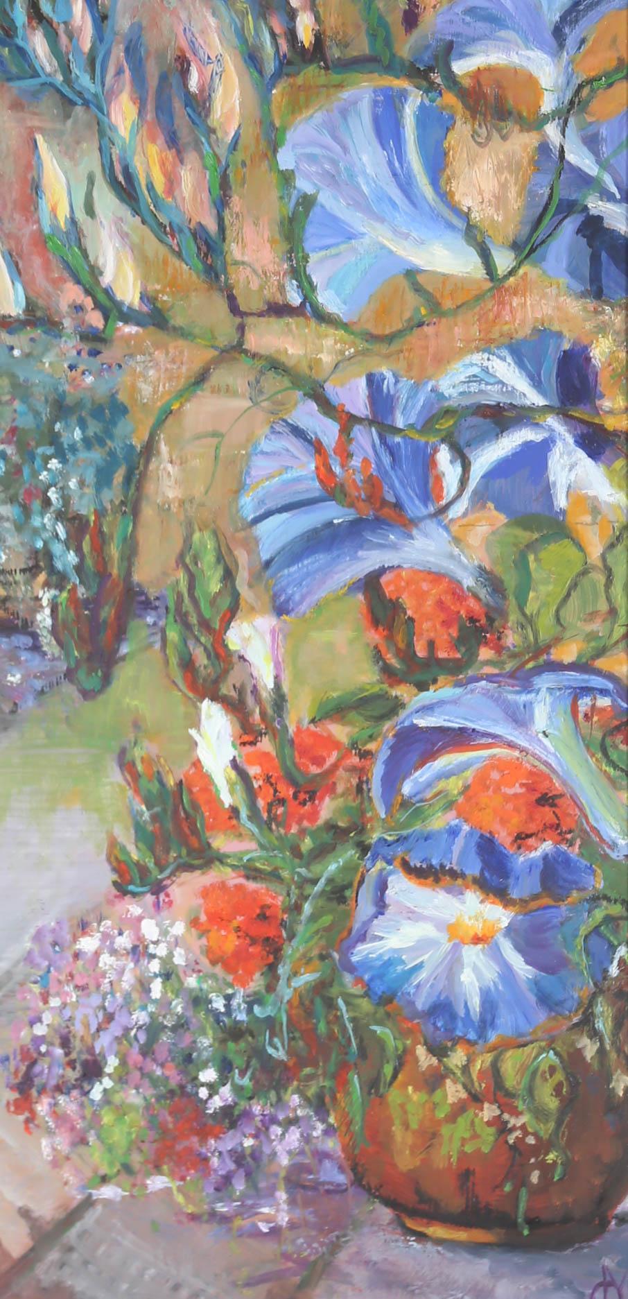 Beautiful and blue -This striking oil celebrates the annual climber Morning Glory. The artist has caught the plant's trumpet like blooms flaring towards the natural light, as its wispy stems continue to scale this sunny brick wall. Signed with