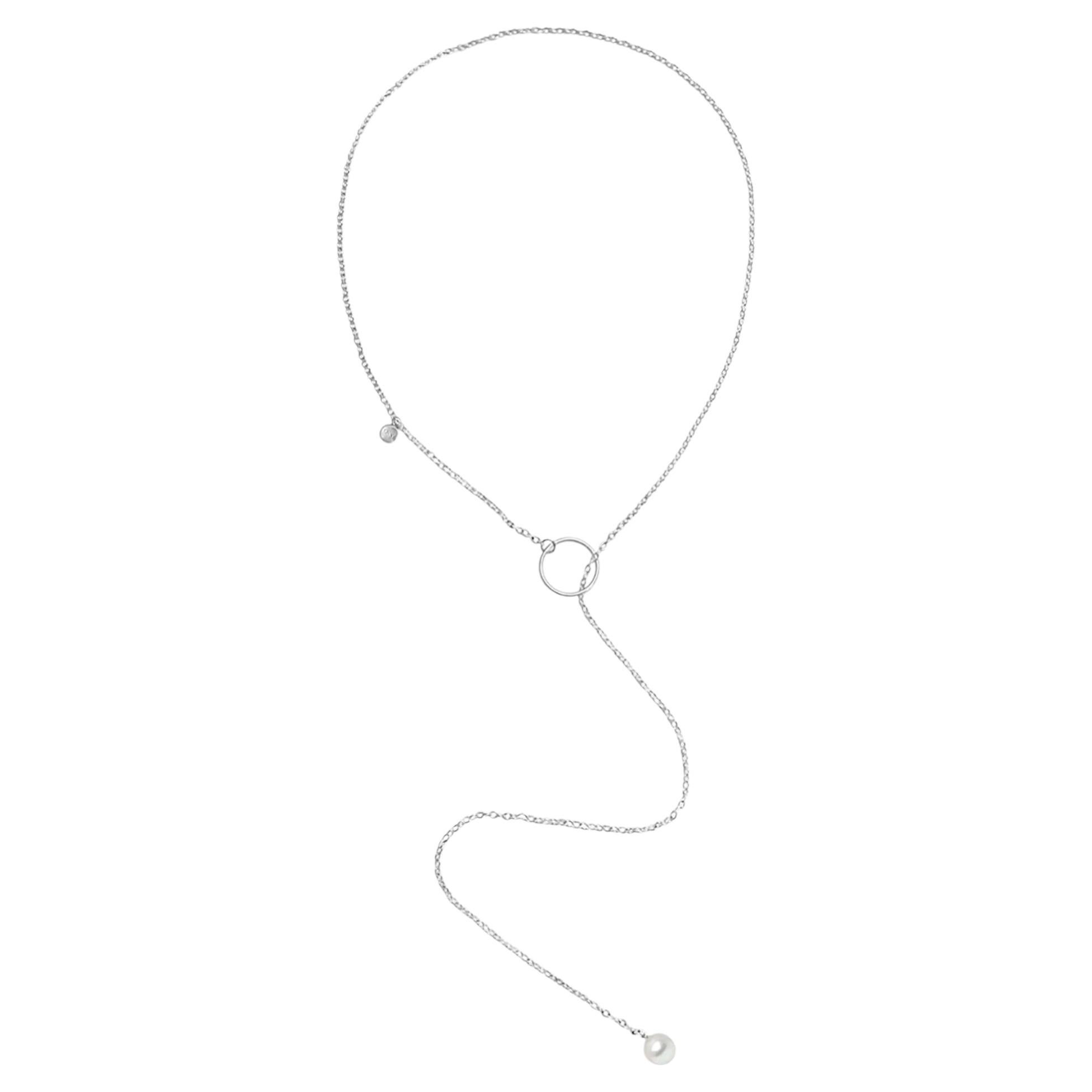 O Tie Necklace in Rhodium Plated 925 Sterling Silver & Freshwater Pearls by O Sh For Sale