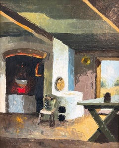 O. V. Borch (1891–1968) – Interior de una casa de campo danesa con chimenea, óleo sobre lienzo