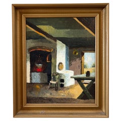 O. V. Borch (1891–1968) – Interior de una casa de campo danesa con chimenea, óleo sobre lienzo