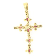 0.30 Ct Oval Rubies and 0.12 Ct Round Brilliant on a Suggestive 18k Gold Cross