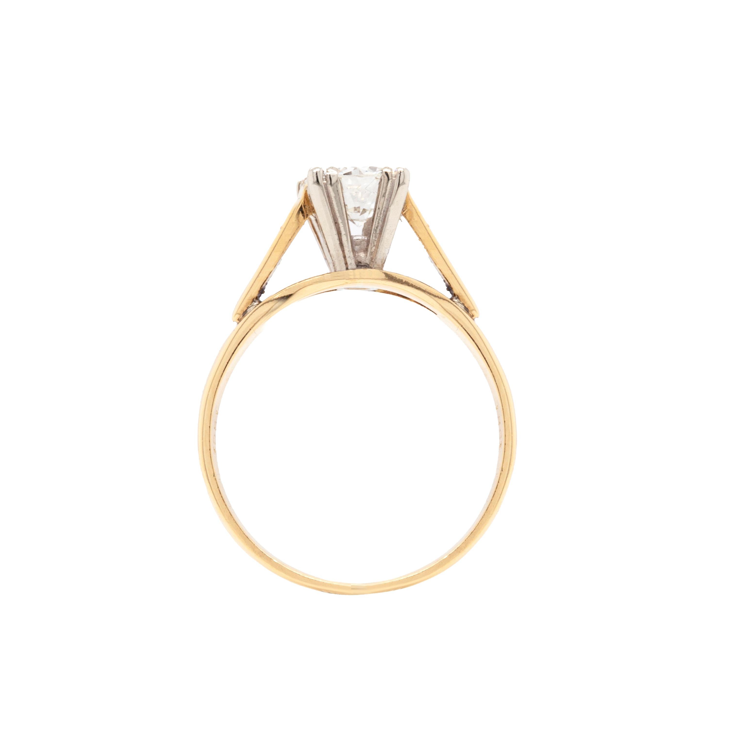 Women's O.69 Carat Diamond and 18 Carat Yellow and White Gold Solitaire Engagement Ring For Sale
