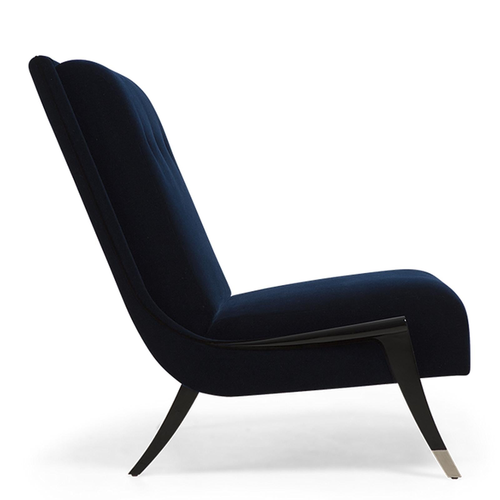 Hand-Crafted Oackland Armchair with Mahogany Structure and High Quality Blue Fabric For Sale