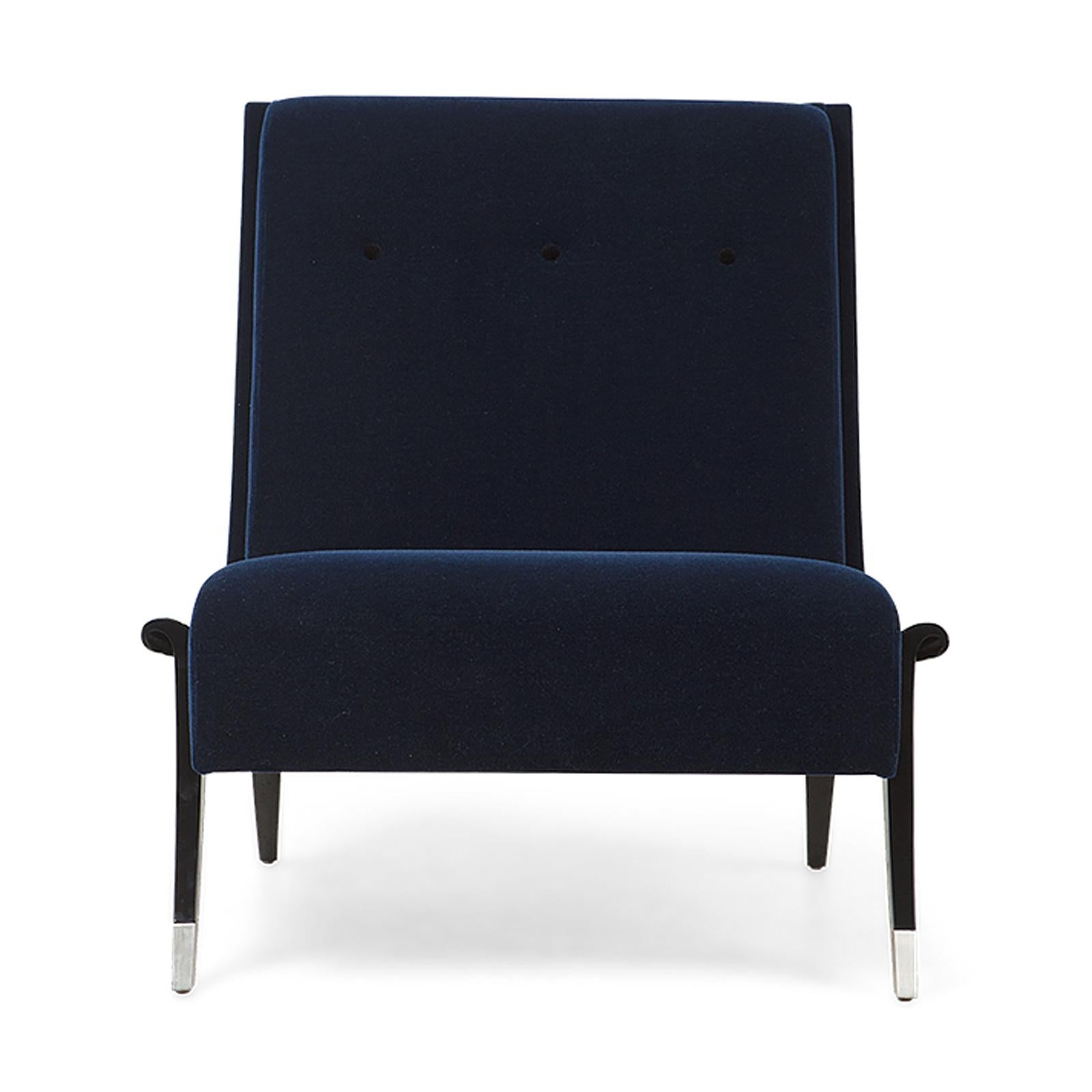 Contemporary Oackland Armchair with Mahogany Structure and High Quality Blue Fabric For Sale