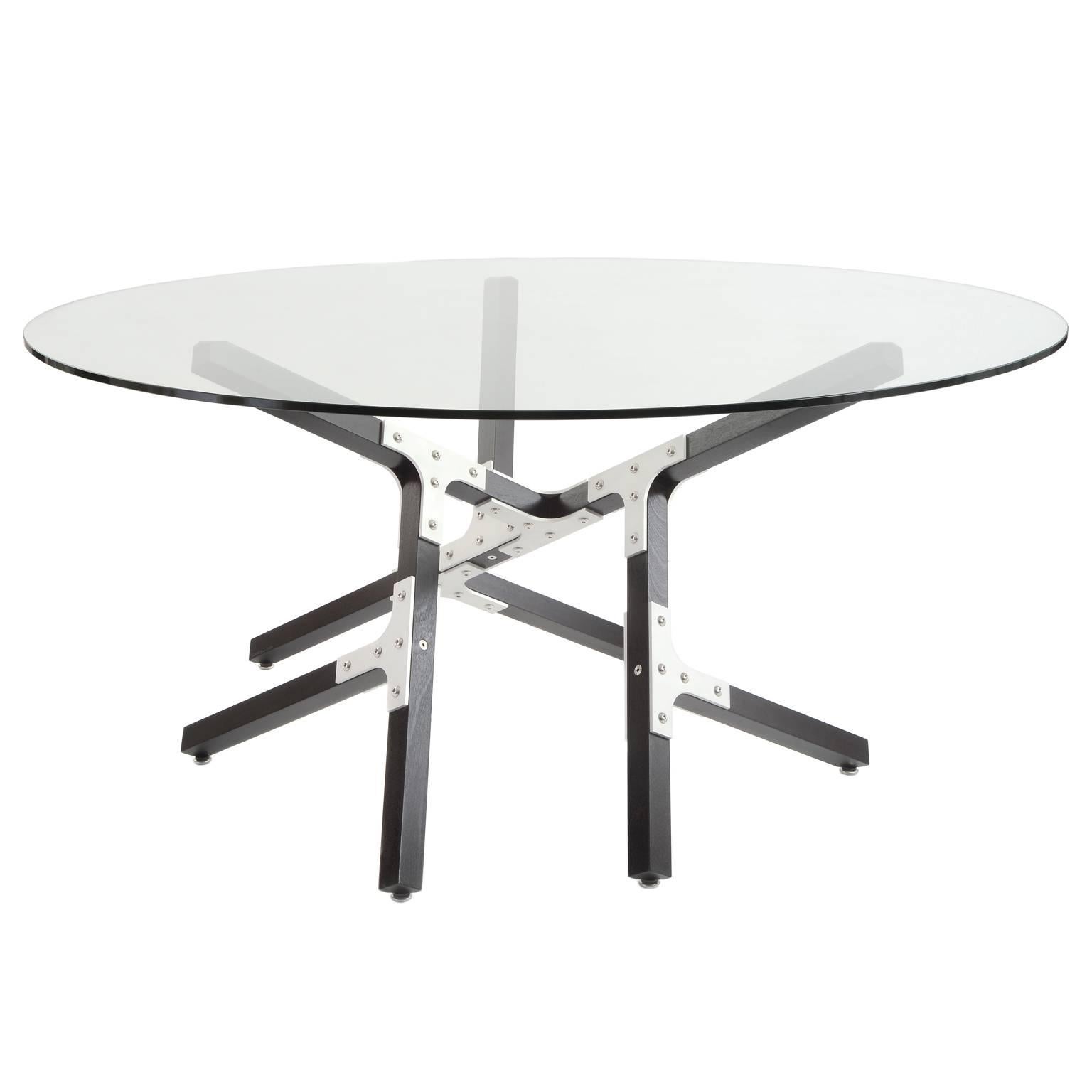 Industrial Dining Table by Peter Harrison, Round Glass Top, Metal and Black Wood For Sale