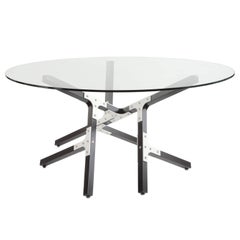 Table de salle à manger industrielle de Peter Harrison, plateau rond en verre, métal et bois noir