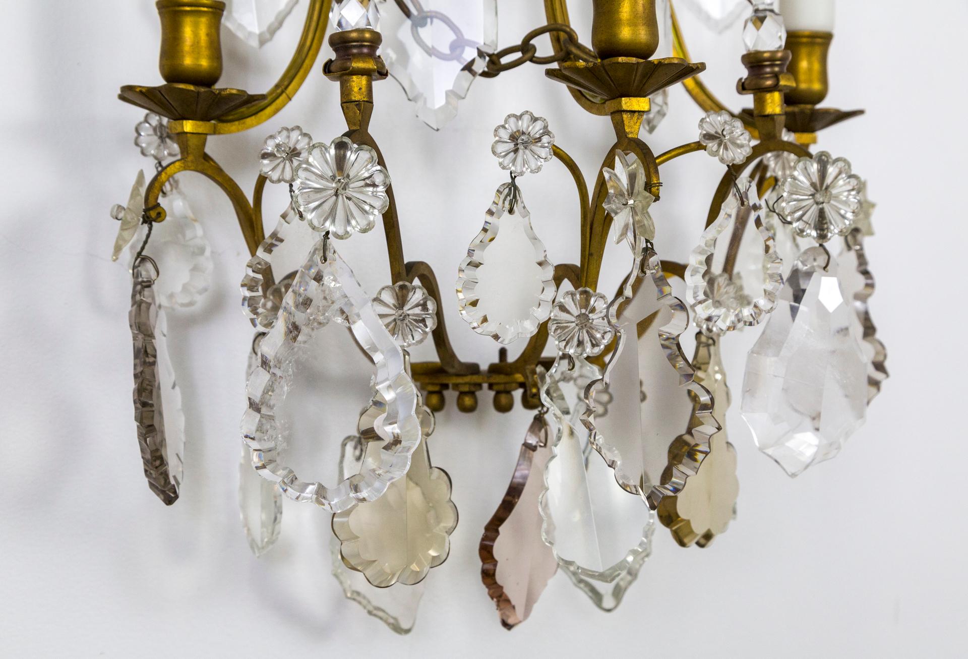 French Crystal and Gilt Bronze 3-Light Belle Époque Sconces. 