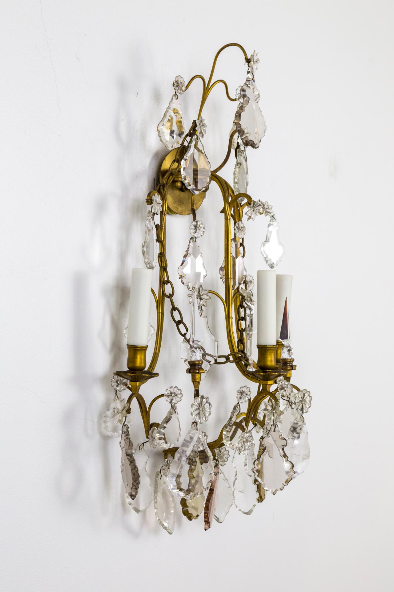 Crystal and Gilt Bronze 3-Light Belle Époque Sconces.  In Good Condition In San Francisco, CA