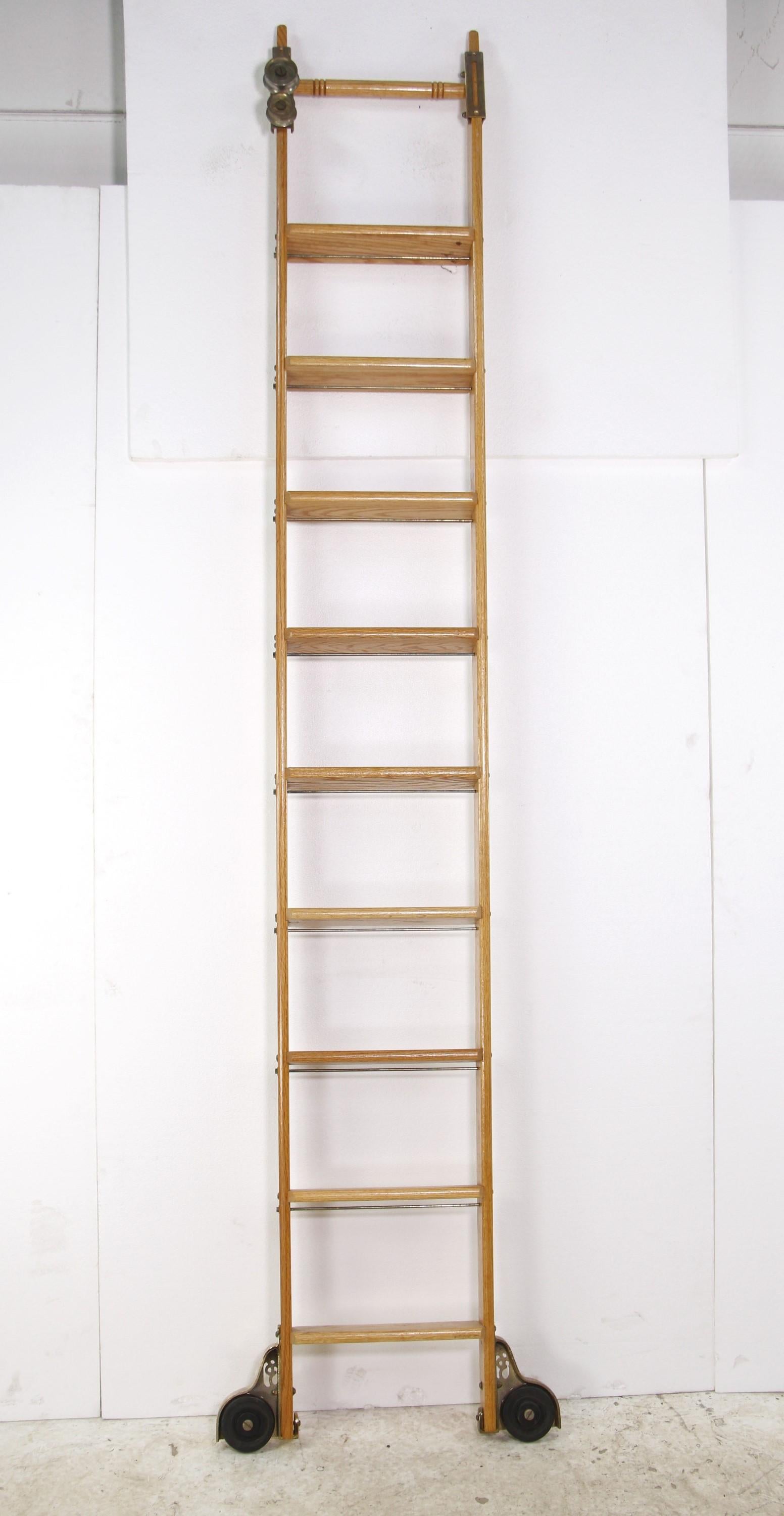20th Century Oak Rolling Putnam Industrial Library Ladder