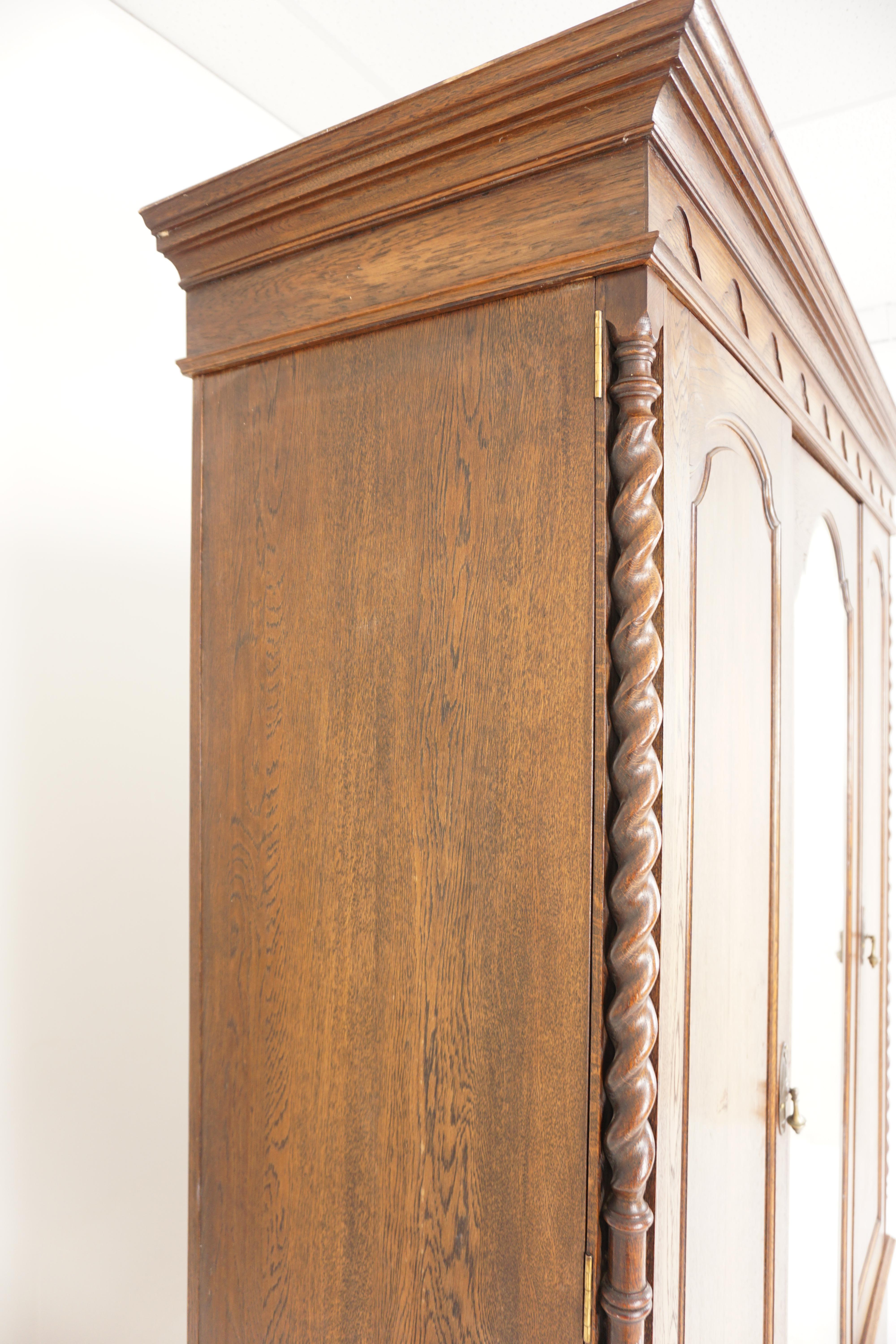 Oak 3 Door Barley Twist Armoire, Wardrobe Closet, Mirror, Scotland 1910 7