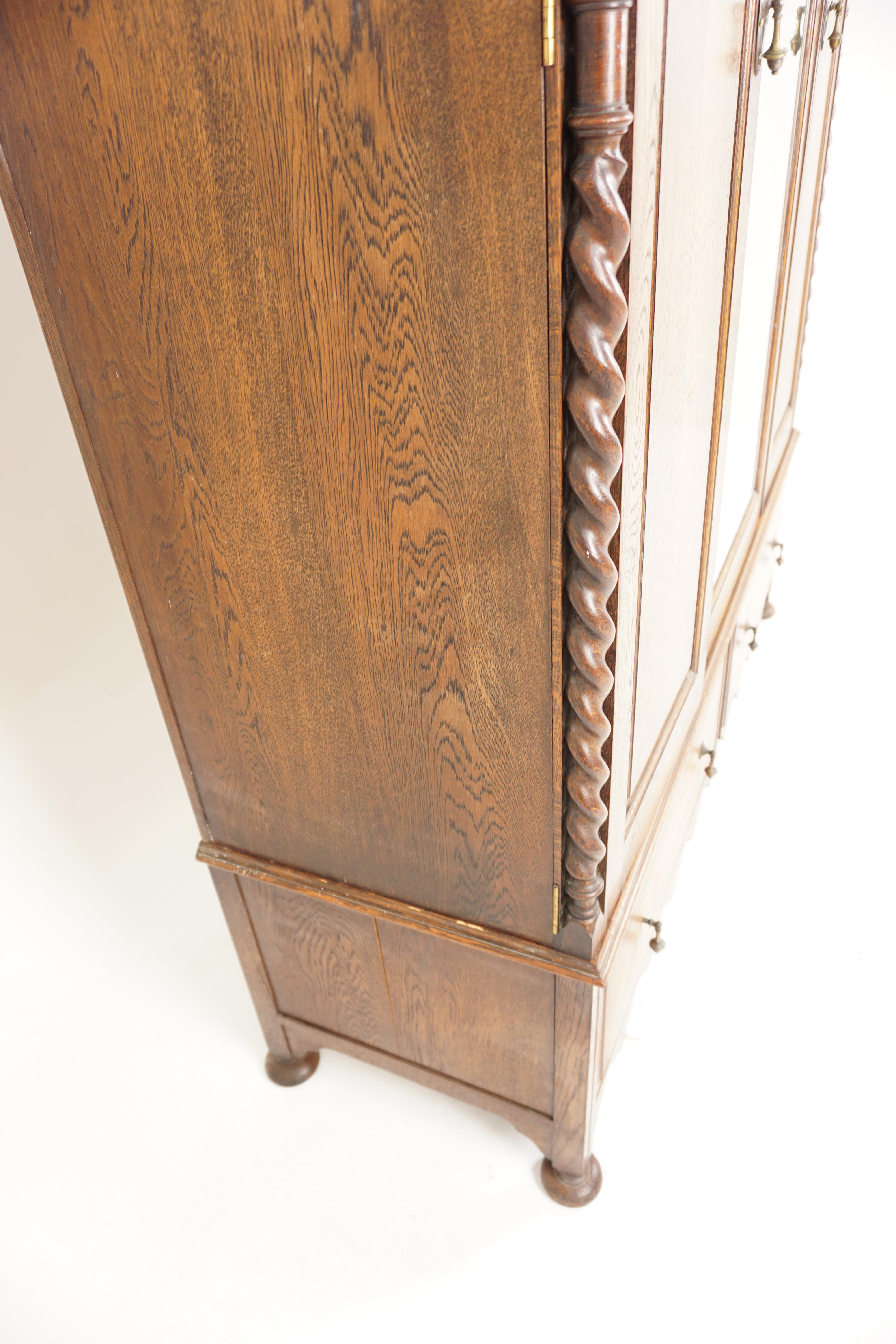 Oak 3 Door Barley Twist Armoire, Wardrobe Closet, Mirror, Scotland 1910 8