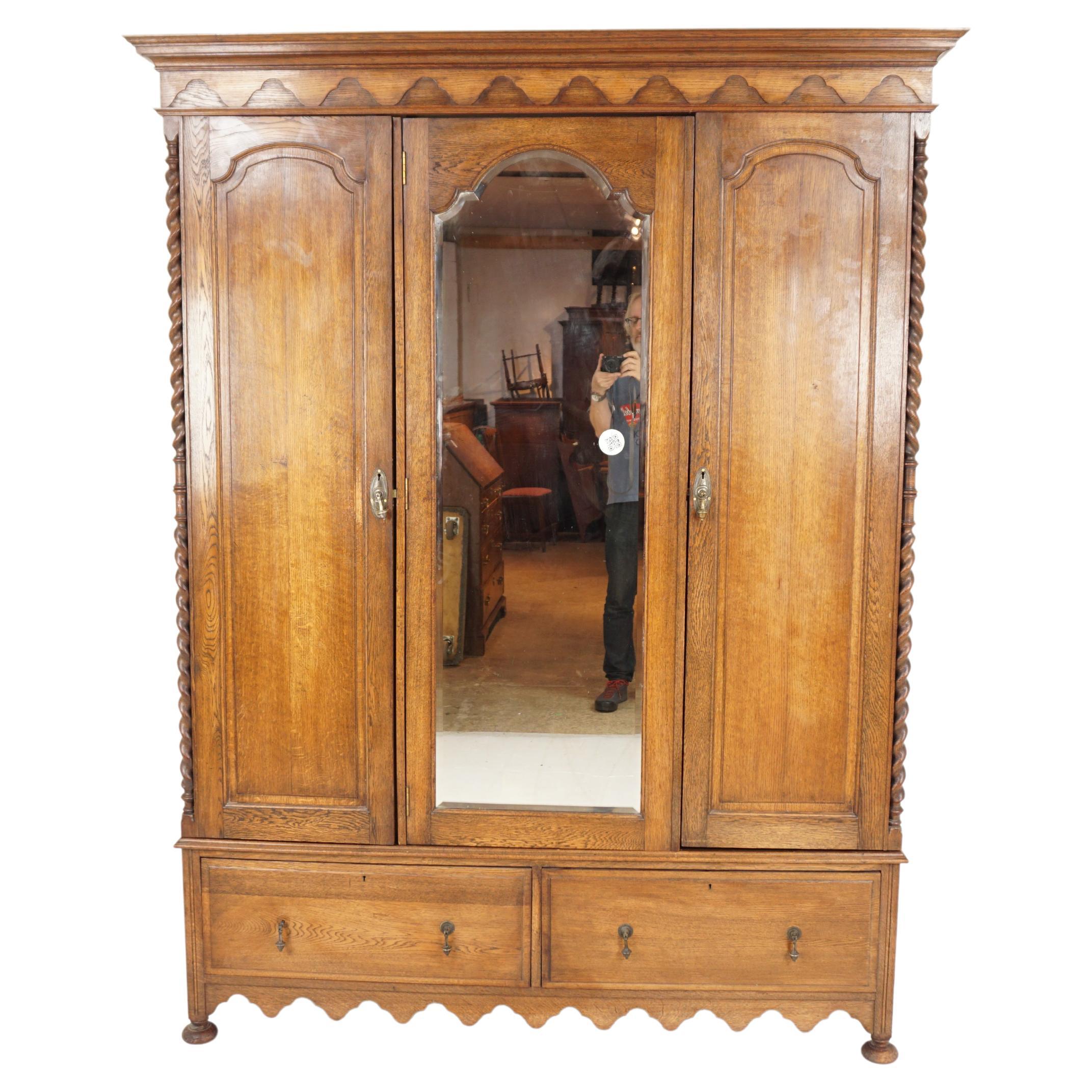 Oak 3 Door Barley Twist Armoire, Wardrobe Closet, Mirror, Scotland 1910