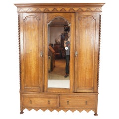 Oak 3 Door Barley Twist Armoire, Wardrobe Closet, Mirror, Scotland 1910