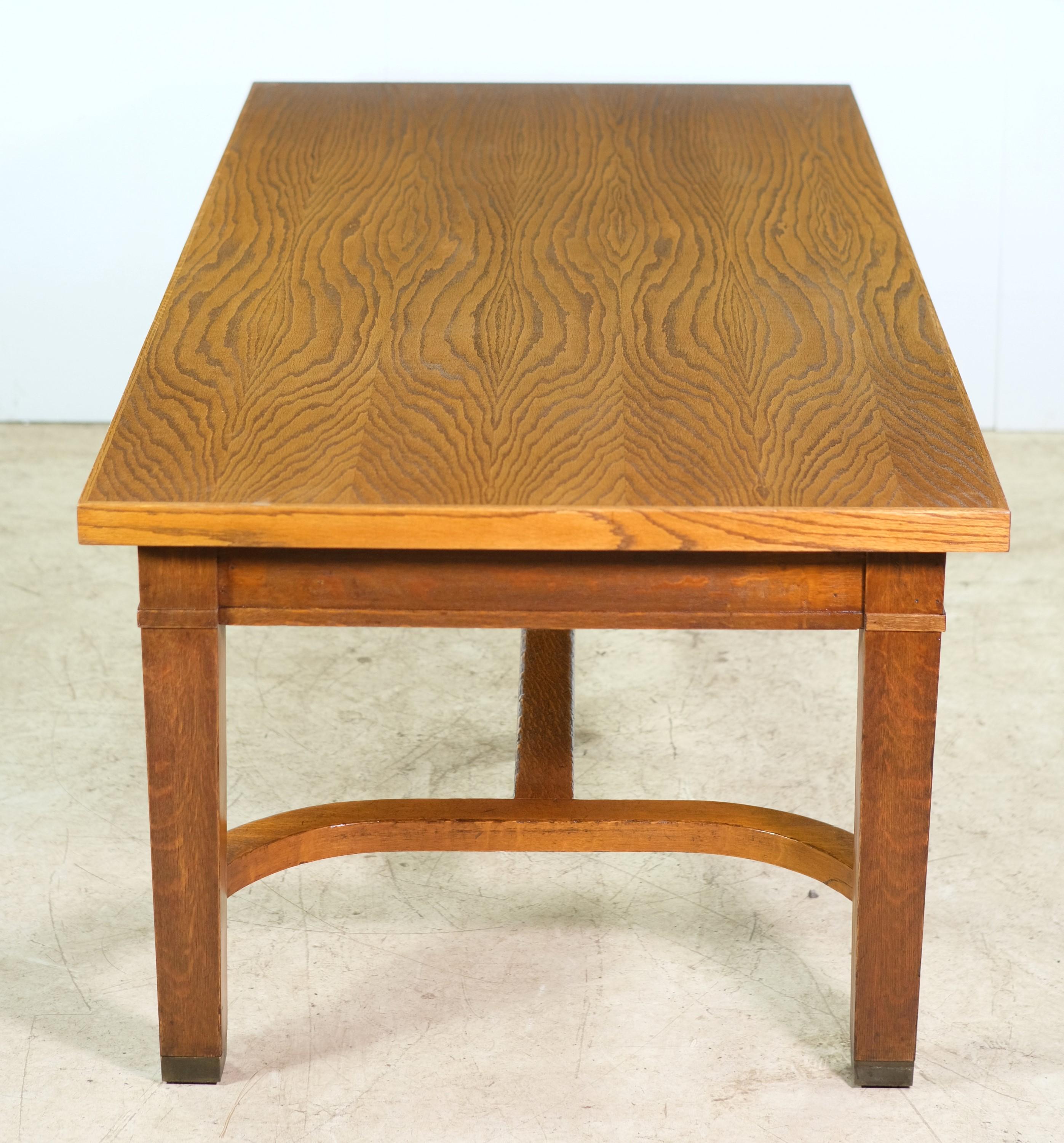 20th Century Oak 5 Leg Library Table 6 Drawers Brass Details Refinished