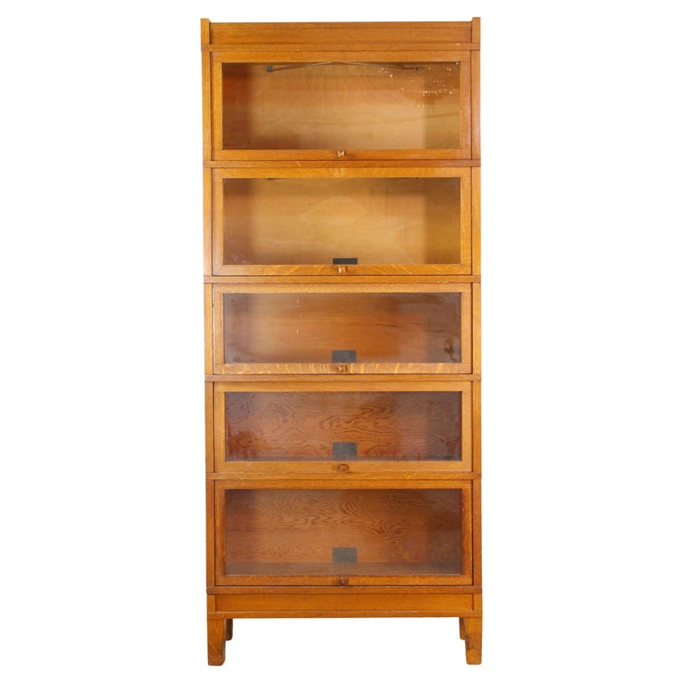 Oak 5 Section Glass Door Barrister Bookcase by Globe Wernicke For Sale