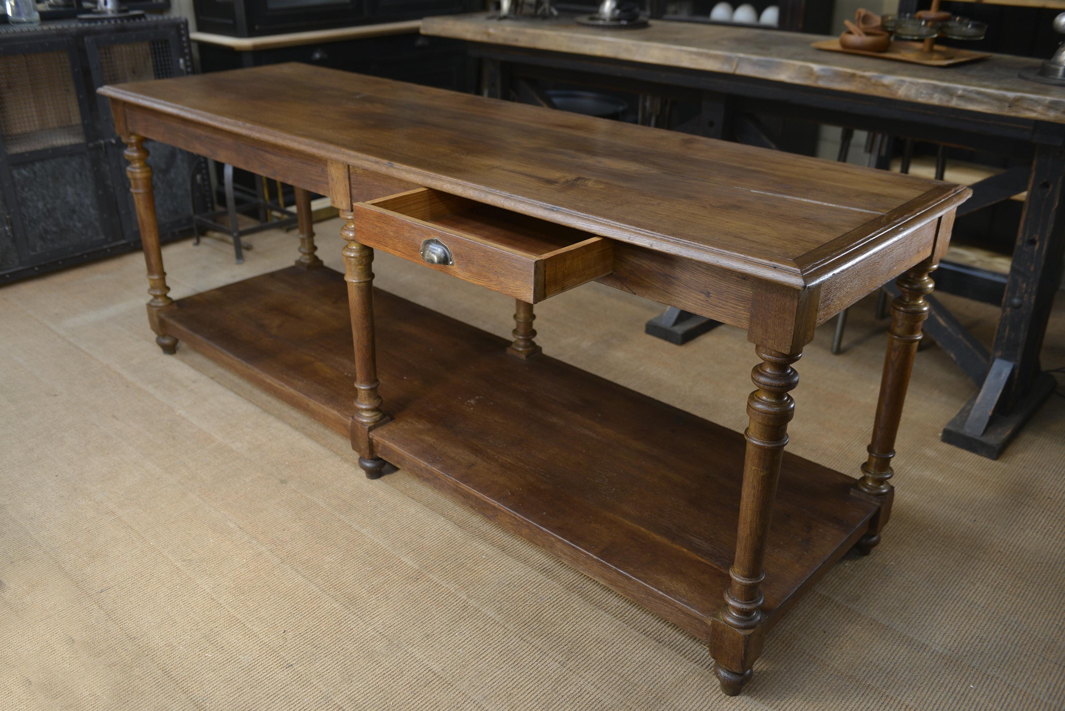 2 tier and 6 Feet Draper's Table from French Textile Factory in Solid oak with one drawer Circa 1900