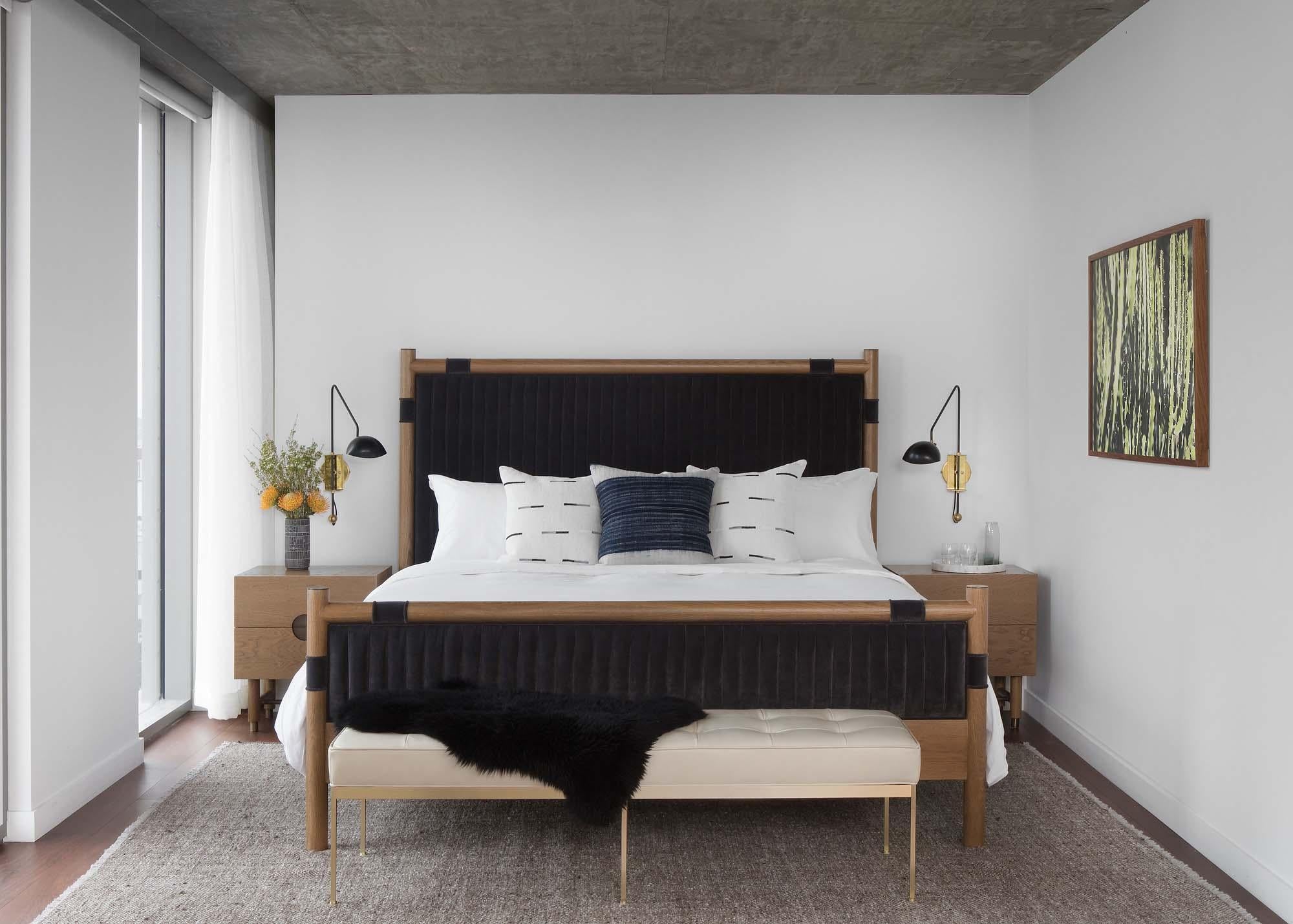 Mid-Century Modern Oak and Alpaca Bouclé Chiselhurst Bed No Footboard by Lawson-Fenning, Queen