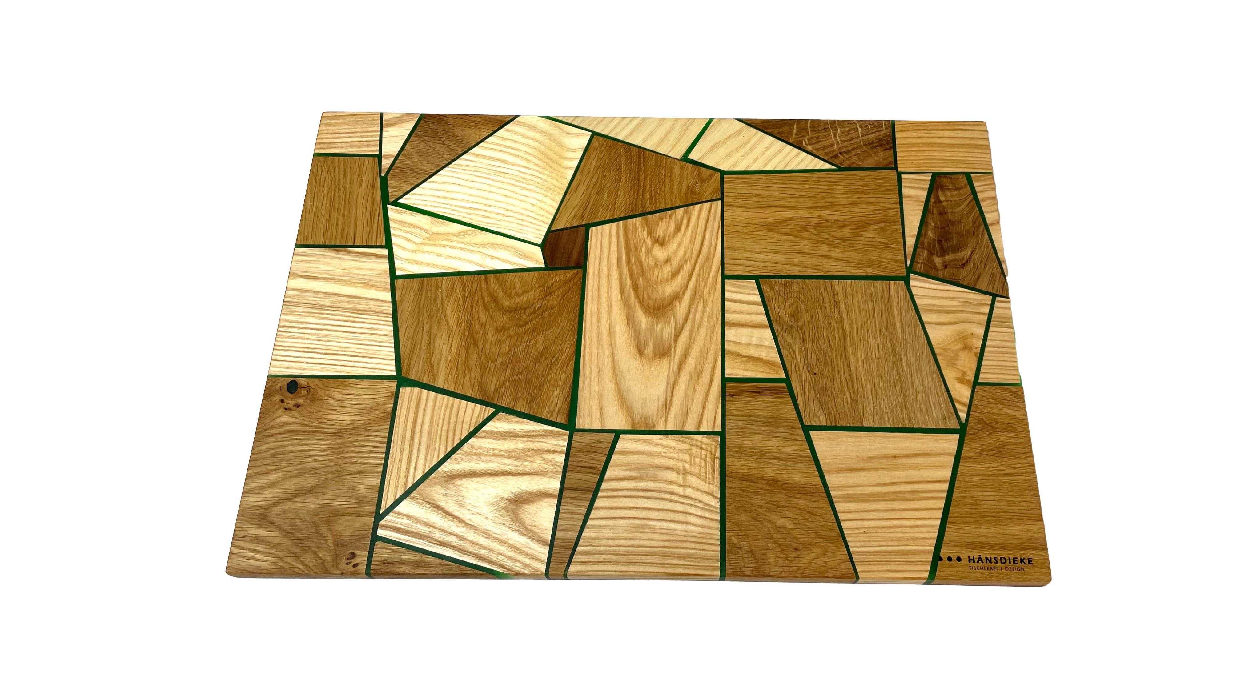 Modern Oak and ash cutting board with fine green expocide resin lines For Sale