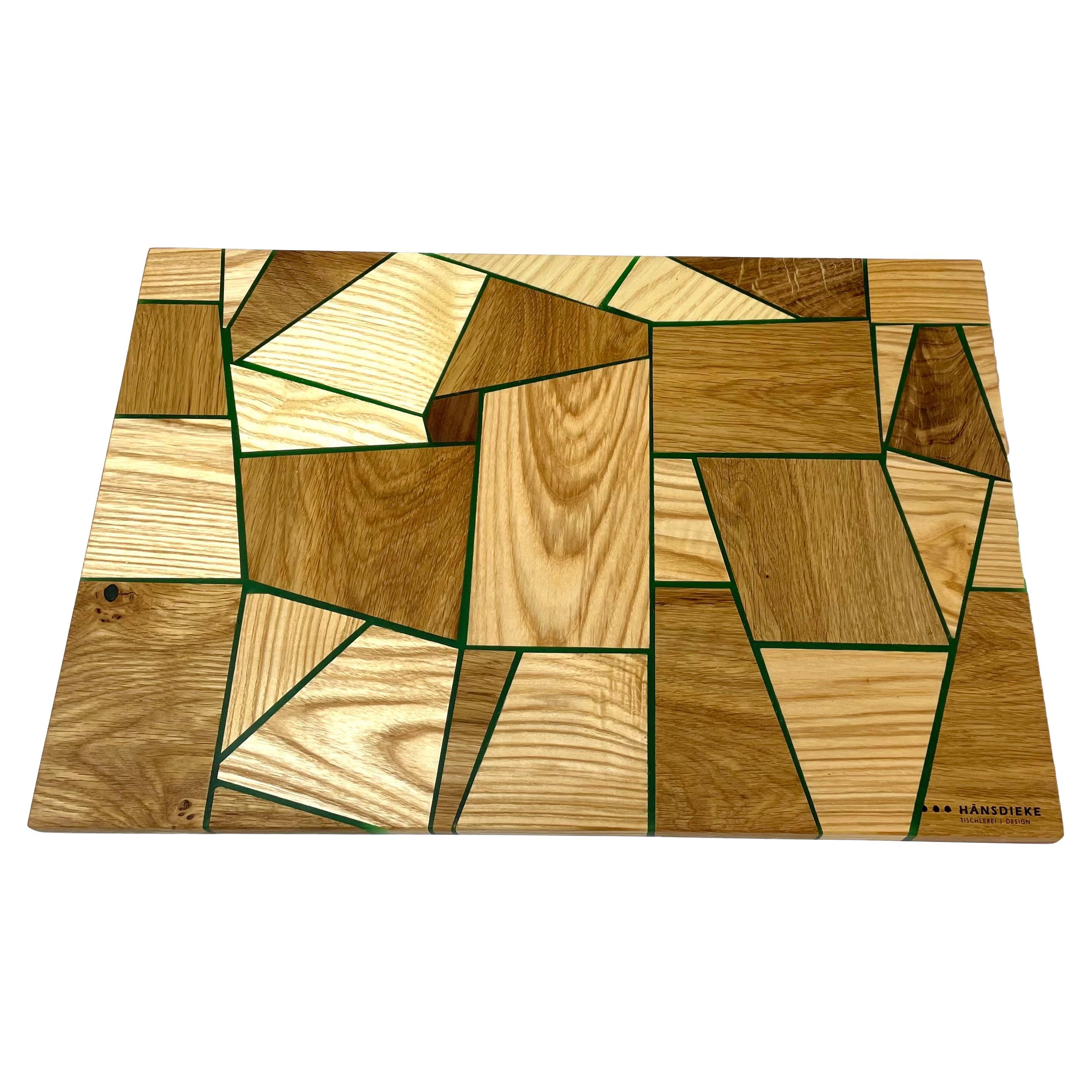 Oak and ash cutting board with fine green expocide resin lines For Sale