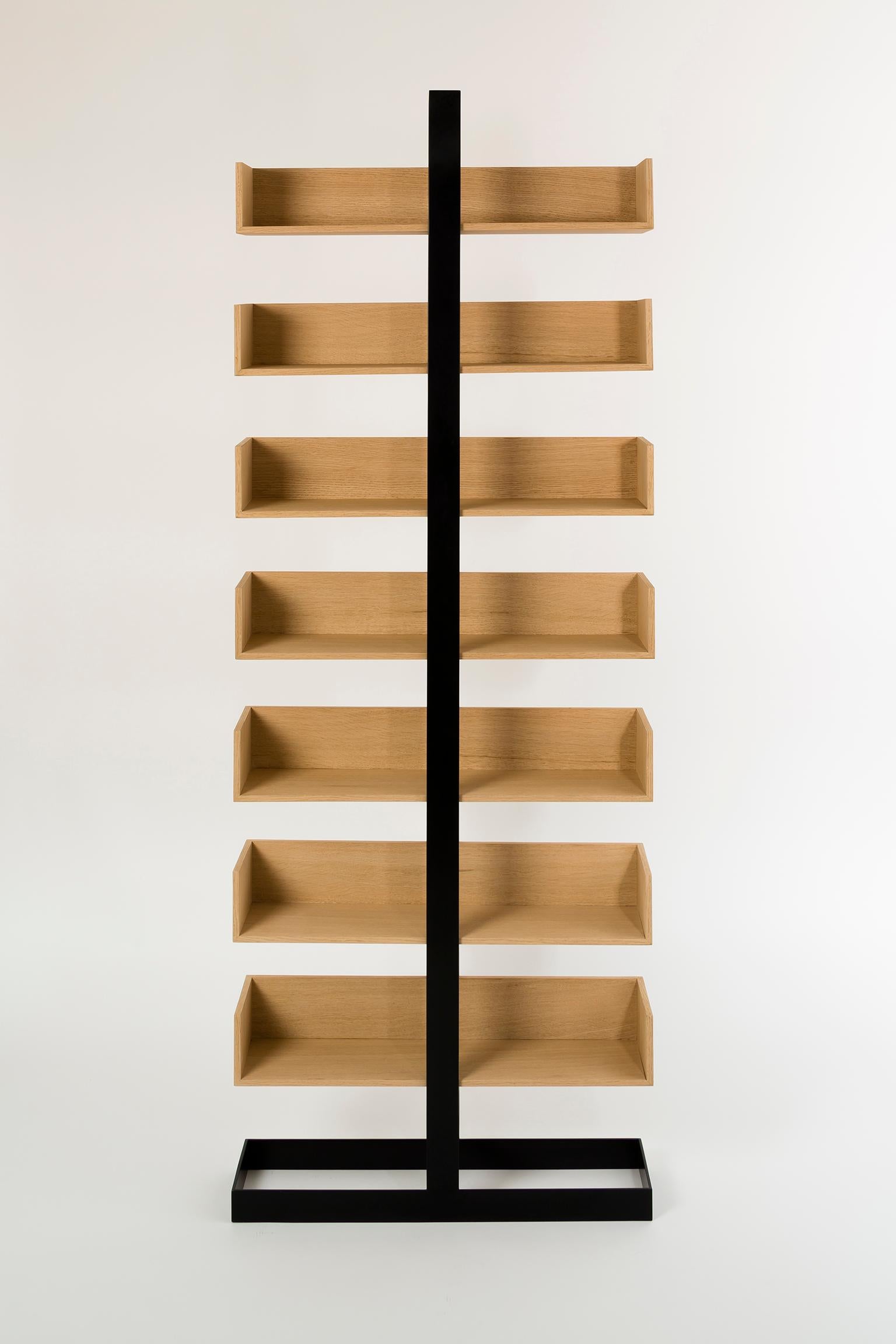 Powder-Coated Oak and black steel Severing Bookshelf For Sale