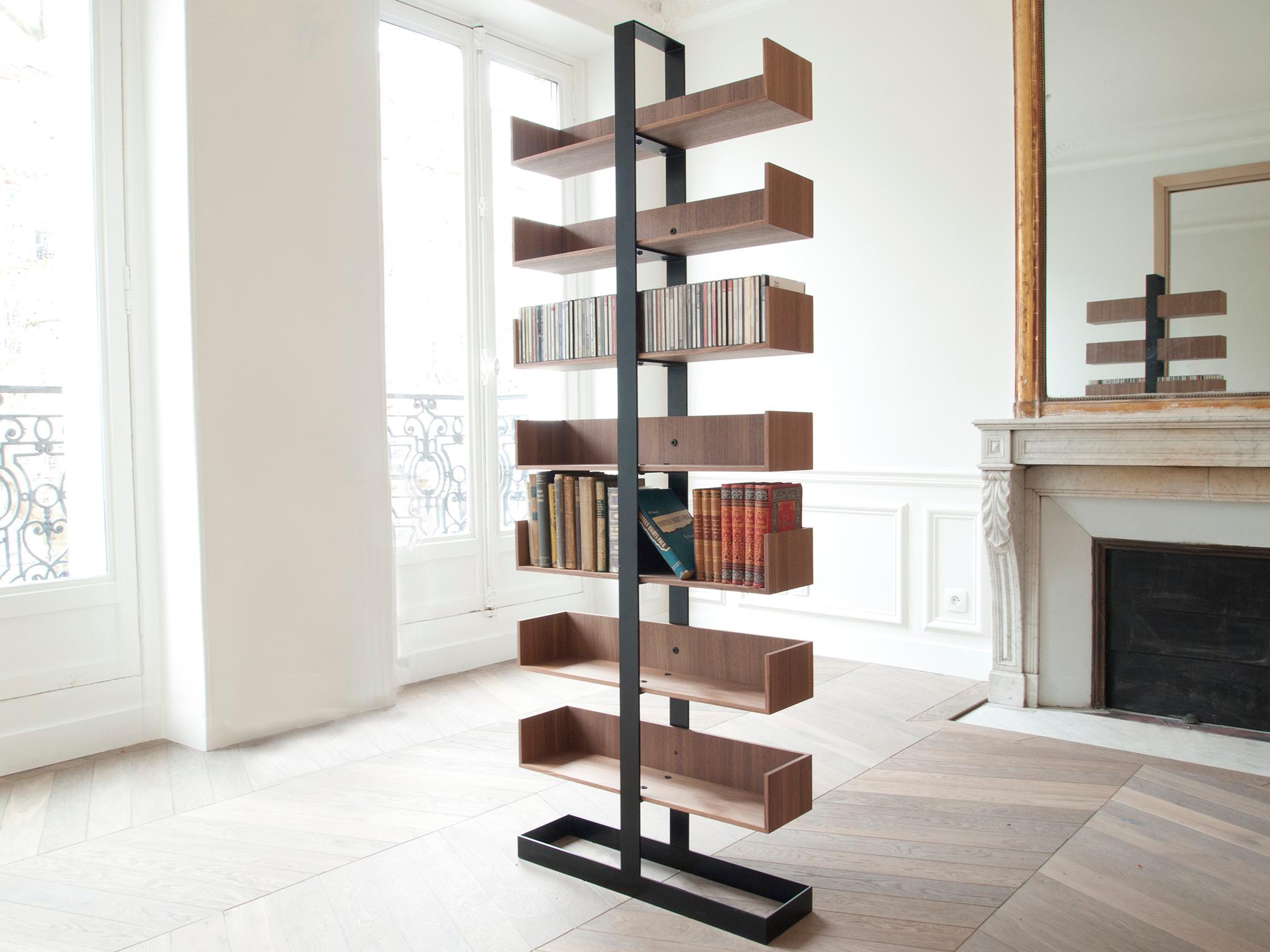 Contemporary Oak and black steel Severing Bookshelf For Sale