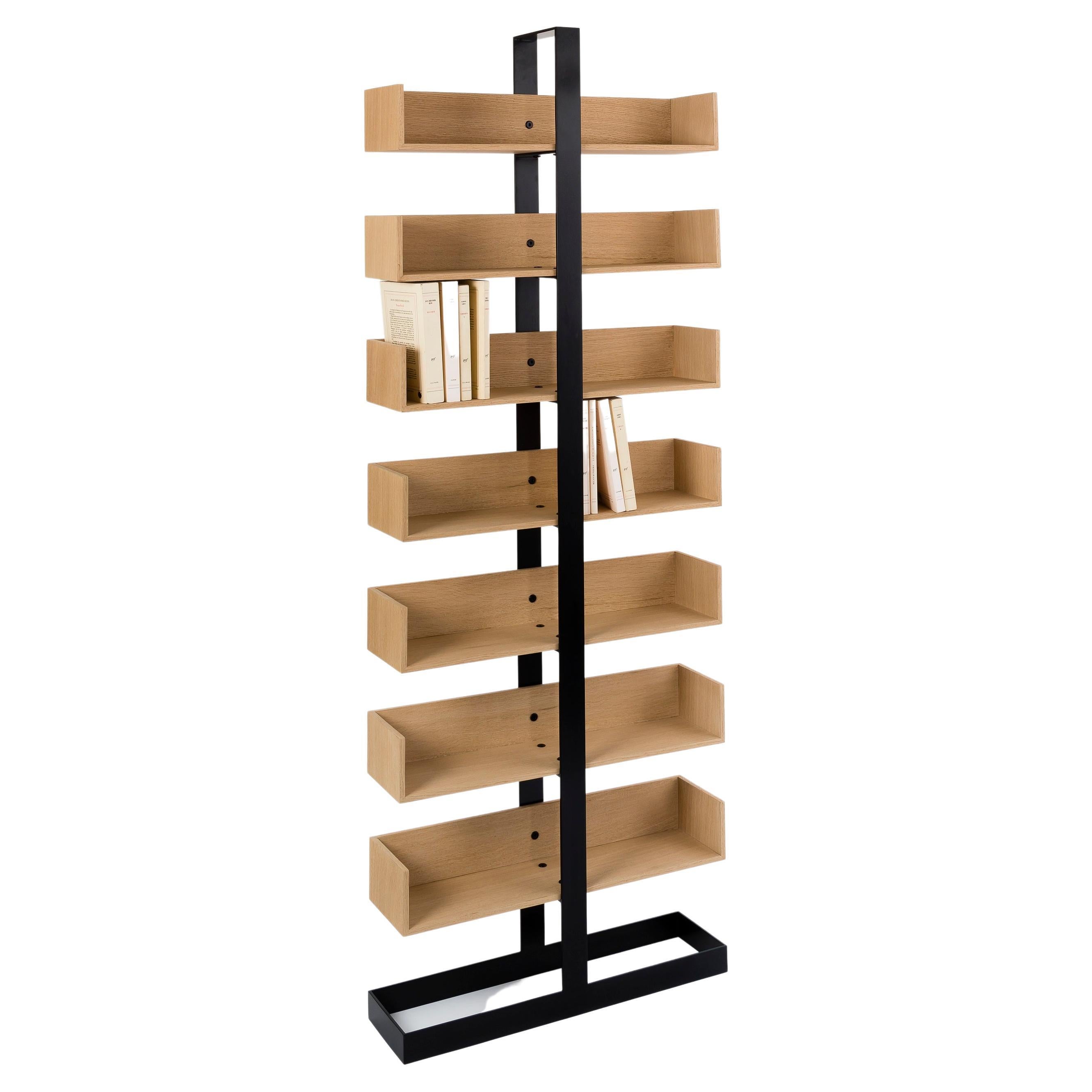 Oak and black steel Severing Bookshelf For Sale