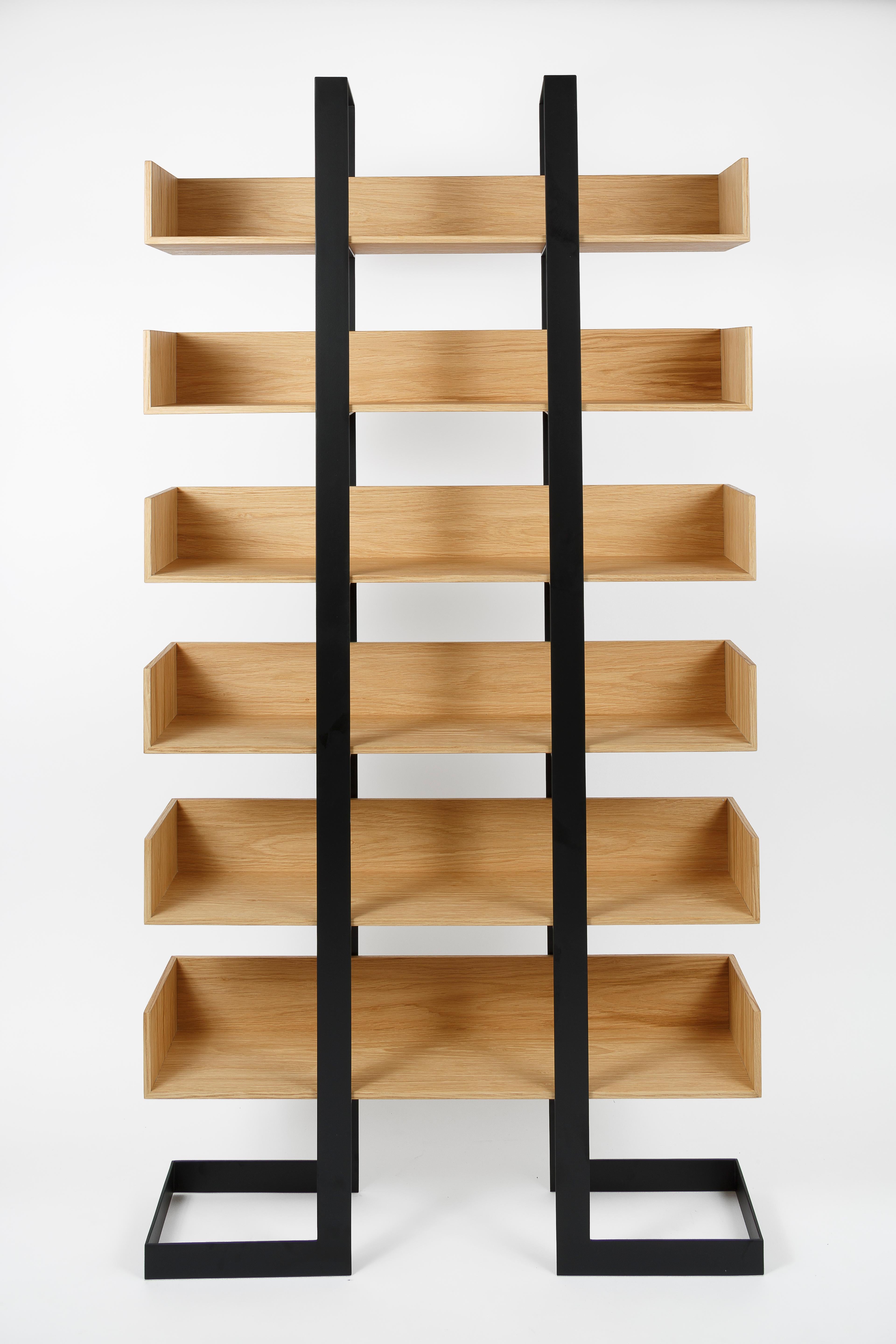Shelves veneered with real wood and assembled by hand, frame in CRS steel, hand welded and polished, the Severin Bookshelf stands out with its high end materials and fine crafting. Its compact size allows it to fit anywhere, while its six spacious