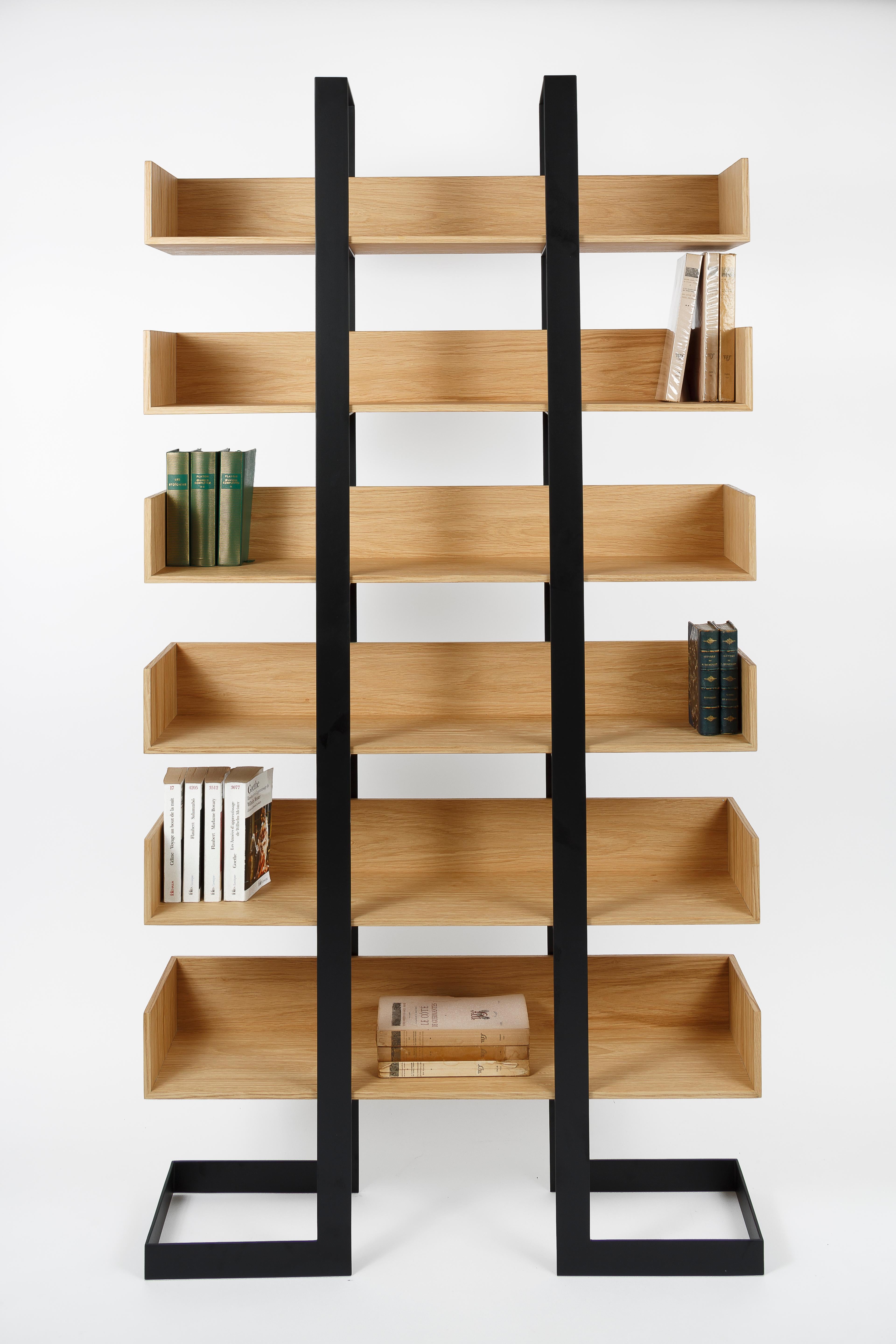 Mid-Century Modern Oak and black steel wide Severin Bookshelf For Sale