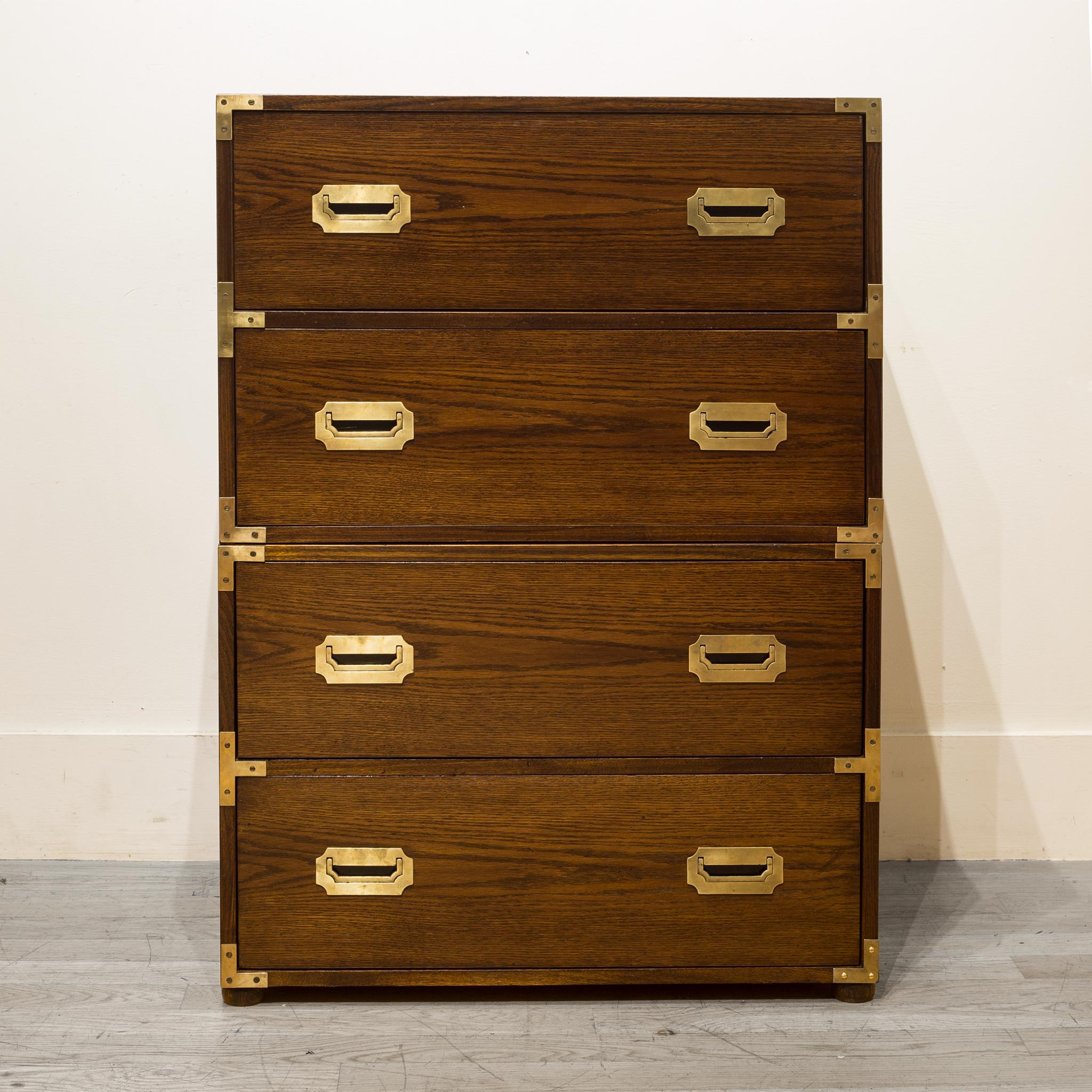 About

A pair of midcentury Oak campaign chest nightstands with brass pulls and brass corners. Stack to convert to a dresser.

 Creator: Hickory Furniture Co.
Date of manufacture: circa 1960.
Materials and techniques: Oak, brass.
 Condition: