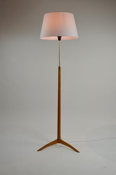 Oak and Brass Floor Lamp Marked “GO 12 WDH”, Sweden, 1950s