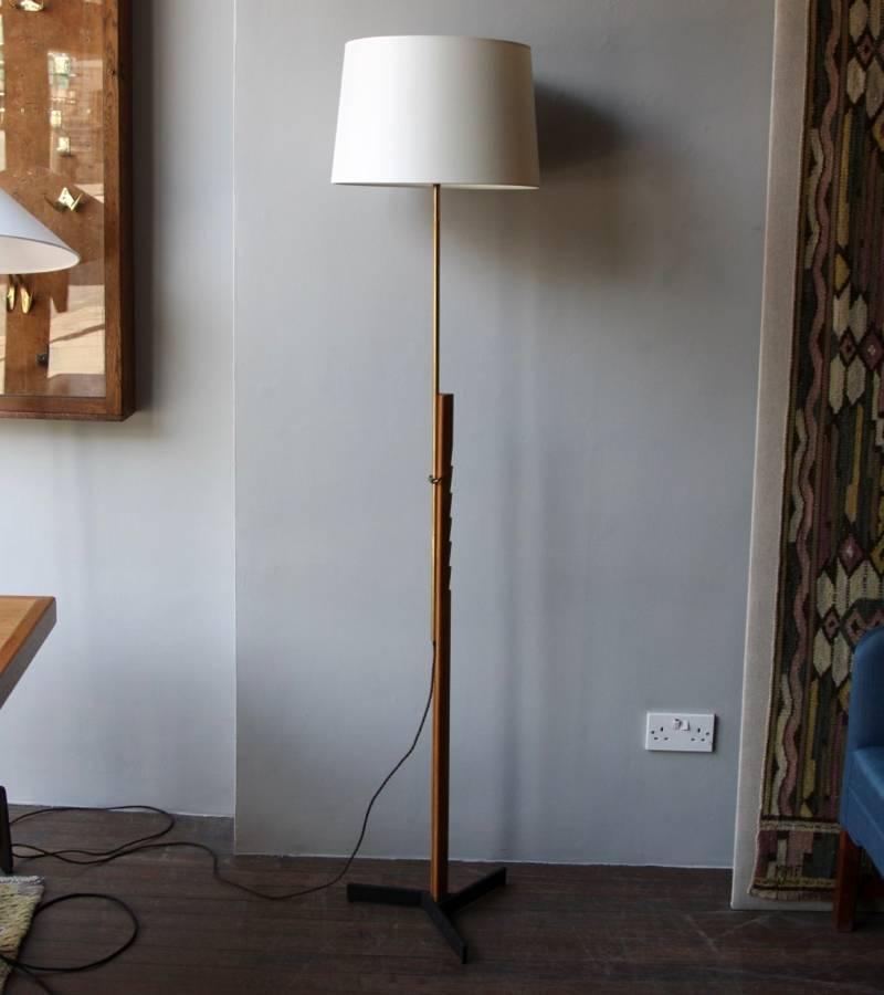 Scandinavian Modern Oak and Brass Floor Light