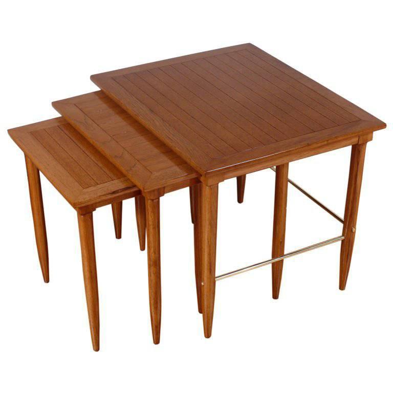 Oak and brass Mid Century Nesting Side Tables For Sale at 1stdibs