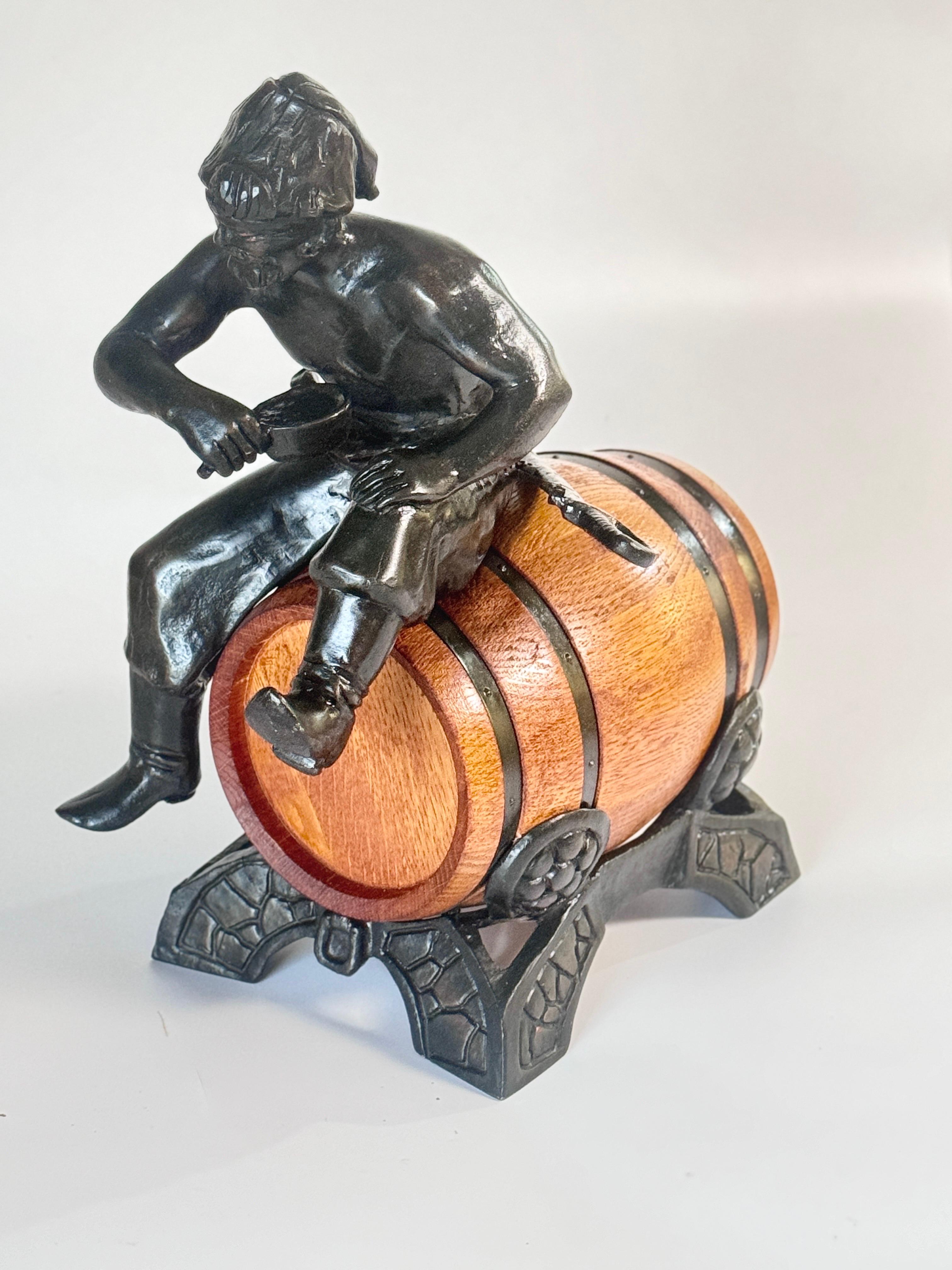 Oak and Brass Sailor’s Rum Barrel with Bronze sculpture of a Russian Cossack For Sale 12