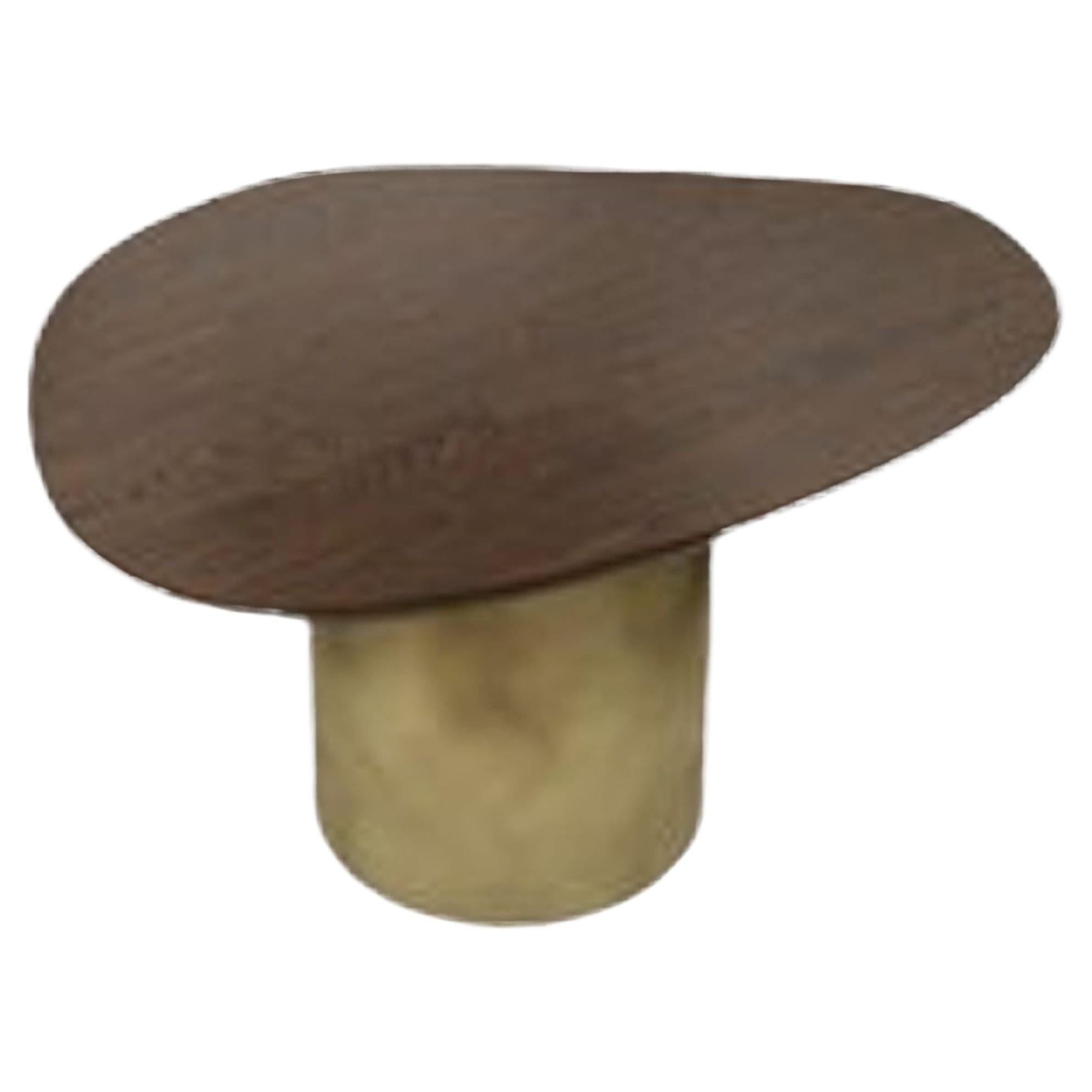 Oak and brass side table – asymmetrical pedestal table –75 x 55cm x H 40 cm