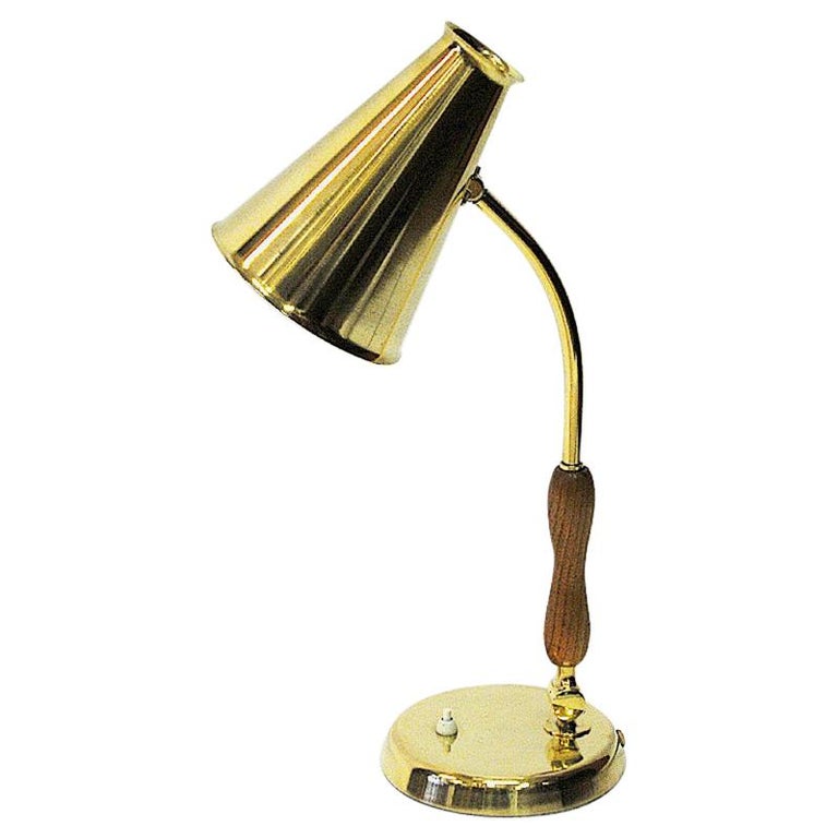 Oak and Brass Table and Desk Lamp by ASEA, Sweden, 1950s For Sale