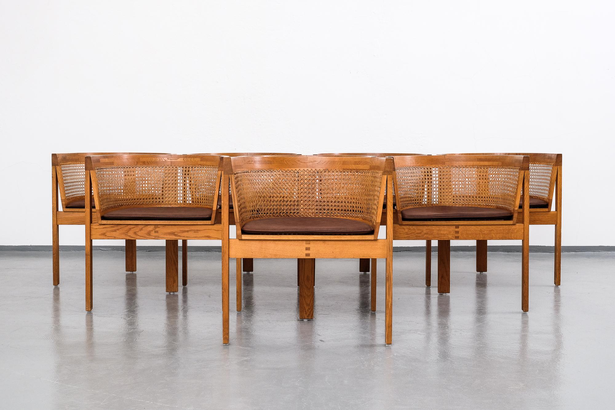 Danish Oak and Cane Armchairs 'Model 5' by Ilse Rix for Uldum Møbelfabrik 1961 Set of 8