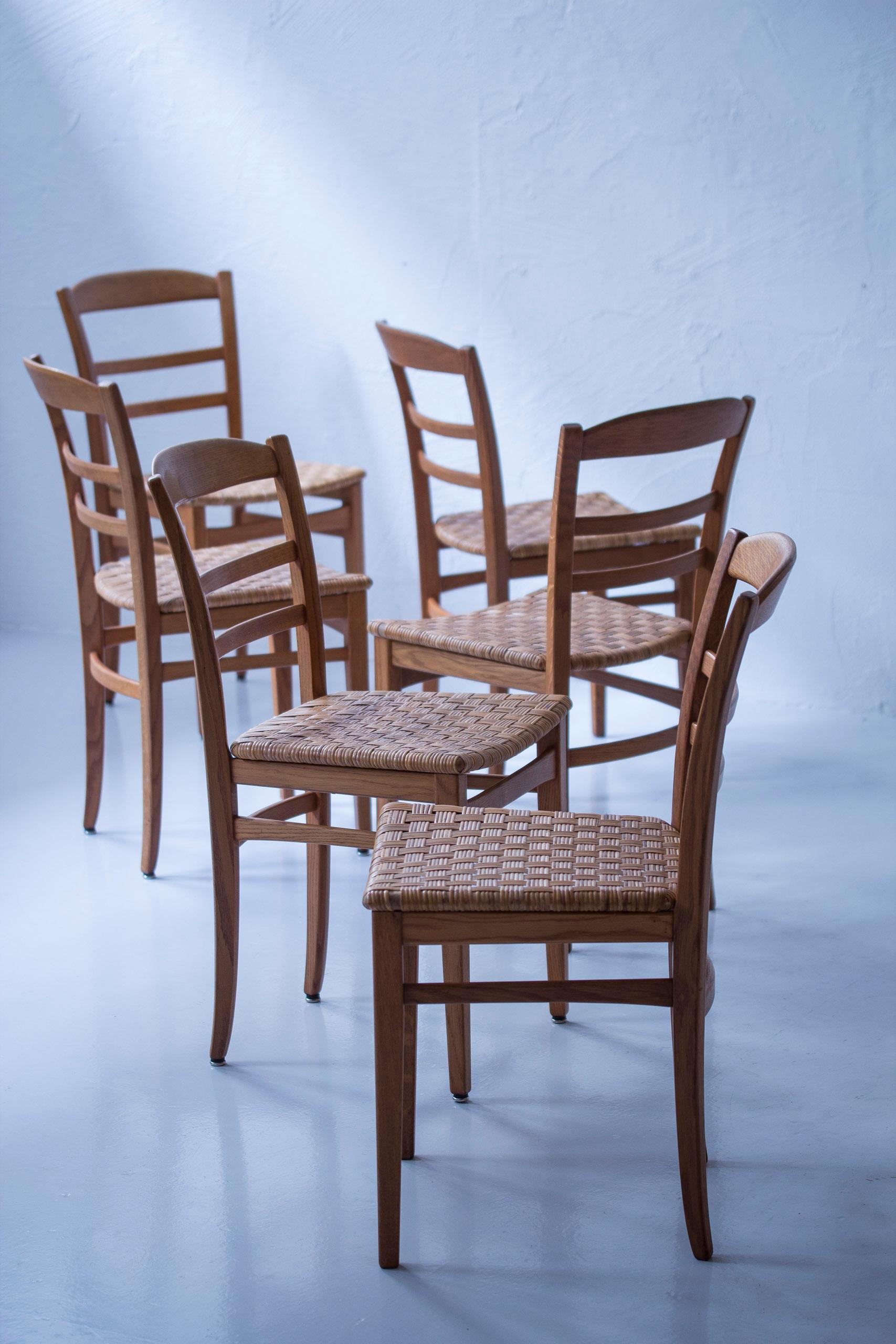 Oak and Cane Weave Dining Chairs by Carl Malmsten, Swedish Modern, 1950s In Good Condition For Sale In Hägersten, SE