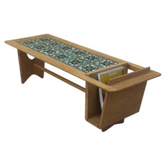 Oak and Ceramic coffee table, with magazine rack, Guillerme et Chambron, 1950's
