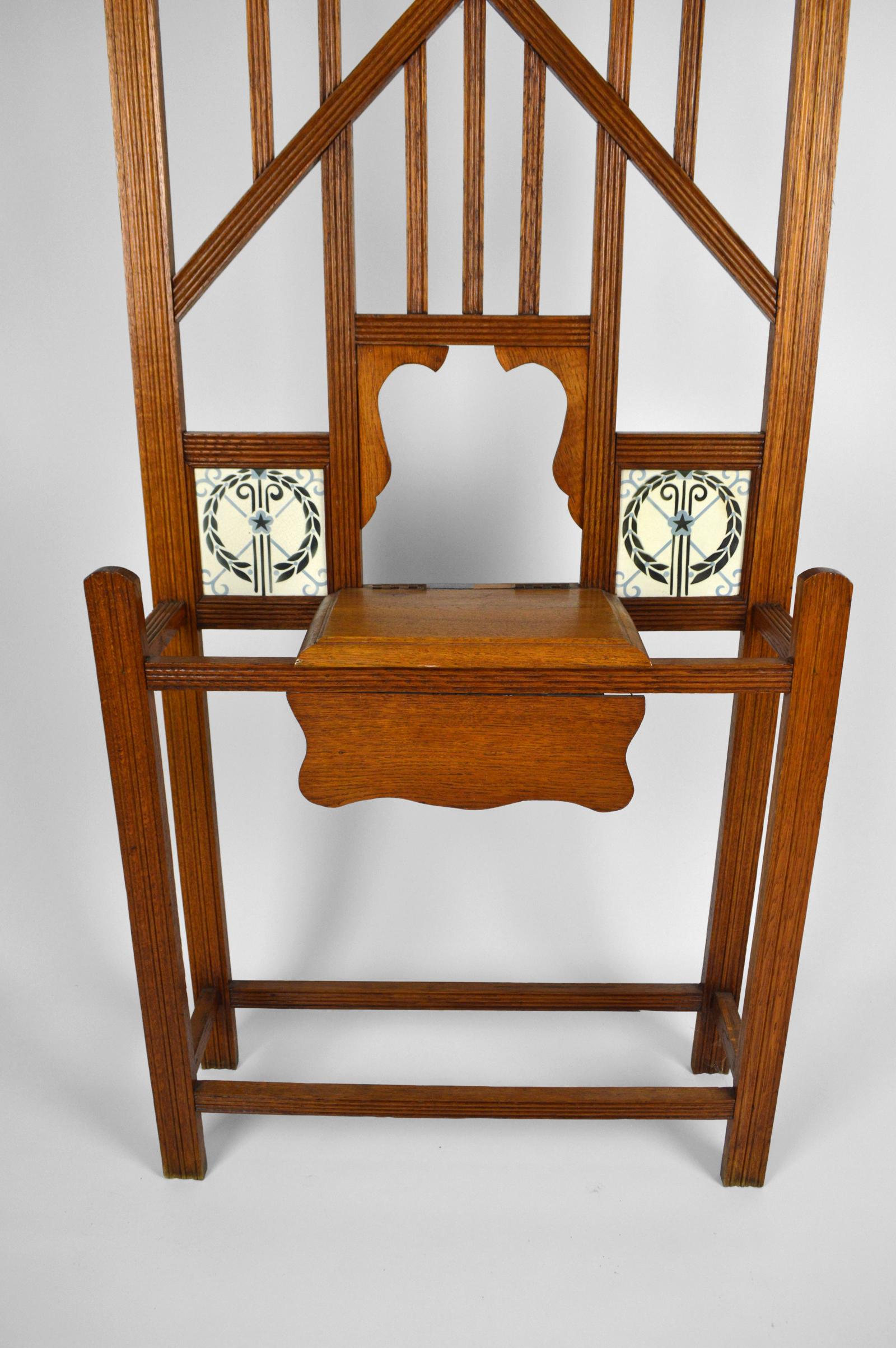 French Oak and ceramic Hall Stand, Art Nouveau, France, Circa 1910 For Sale