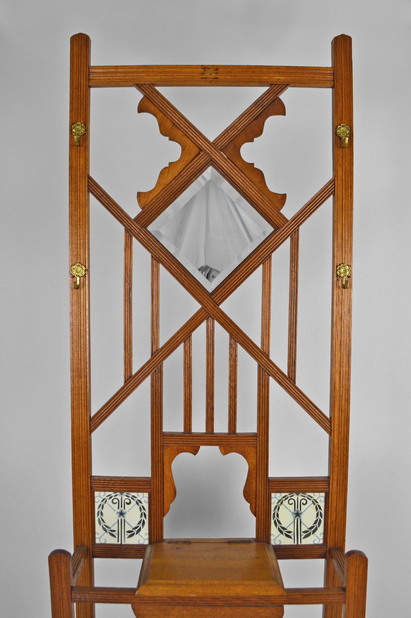 Carved Oak and ceramic Hall Stand, Art Nouveau, France, Circa 1910 For Sale