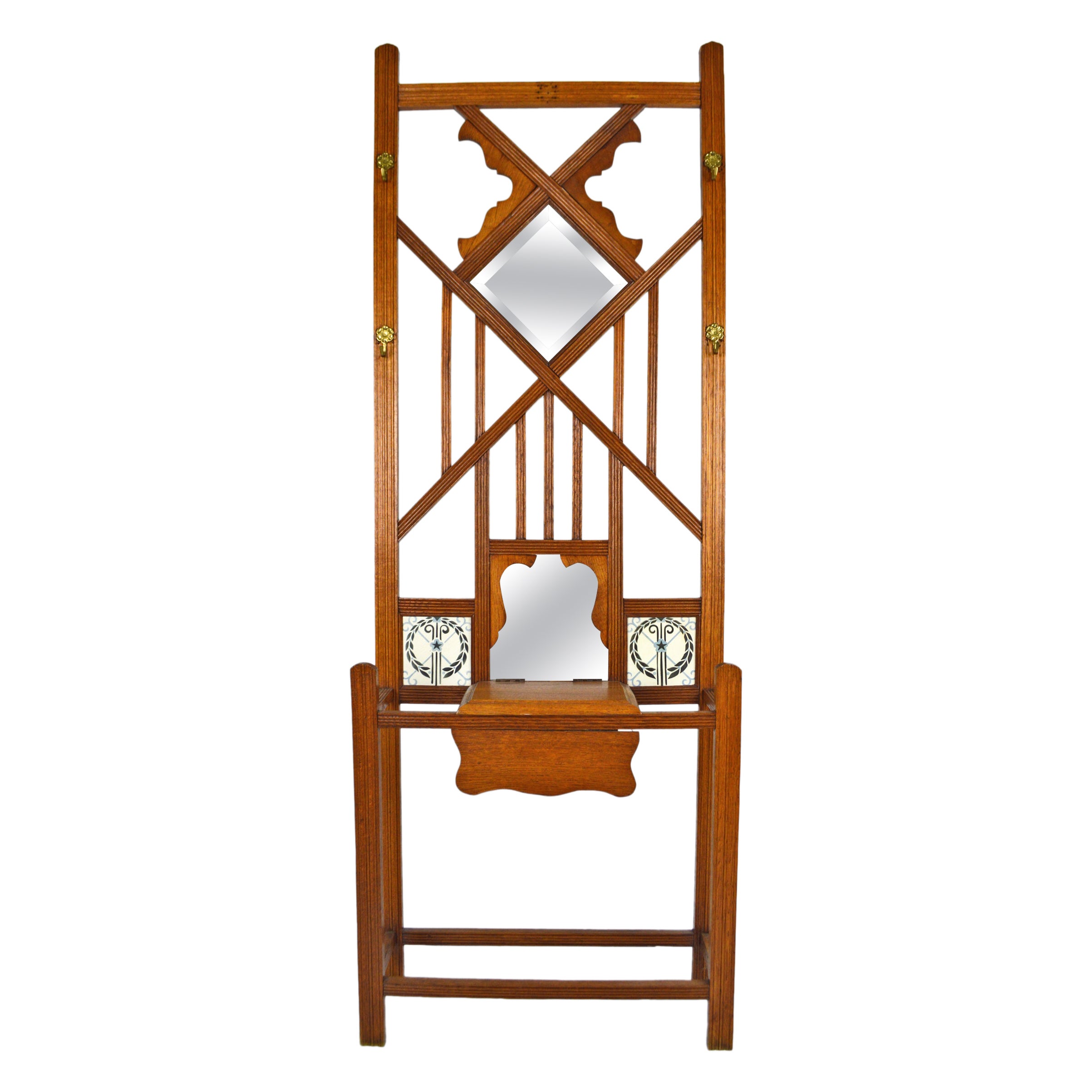 Oak and ceramic Hall Stand, Art Nouveau, France, Circa 1910