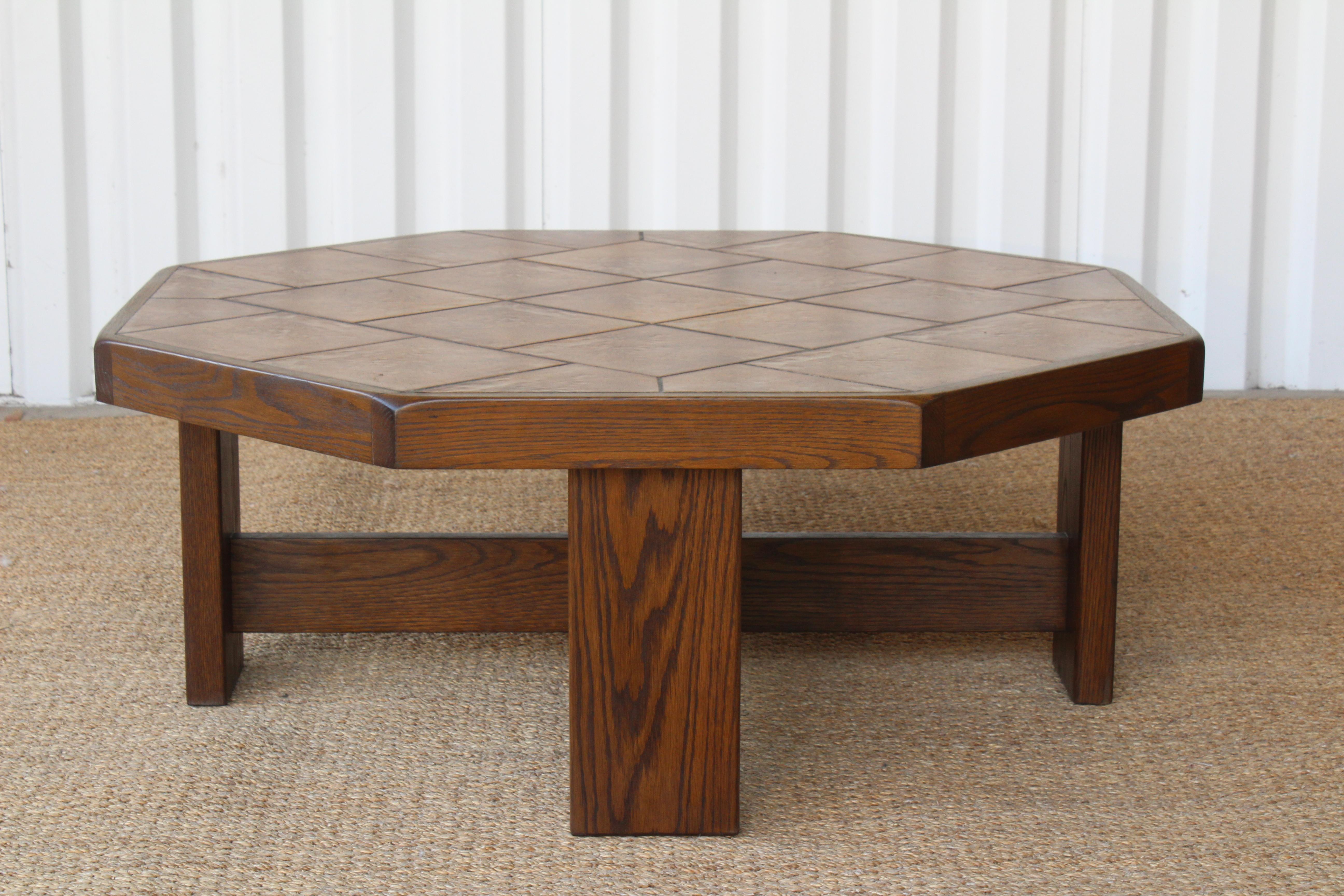 Mid-Century Modern Oak and Ceramic Tile Coffee Table, France, 1970s