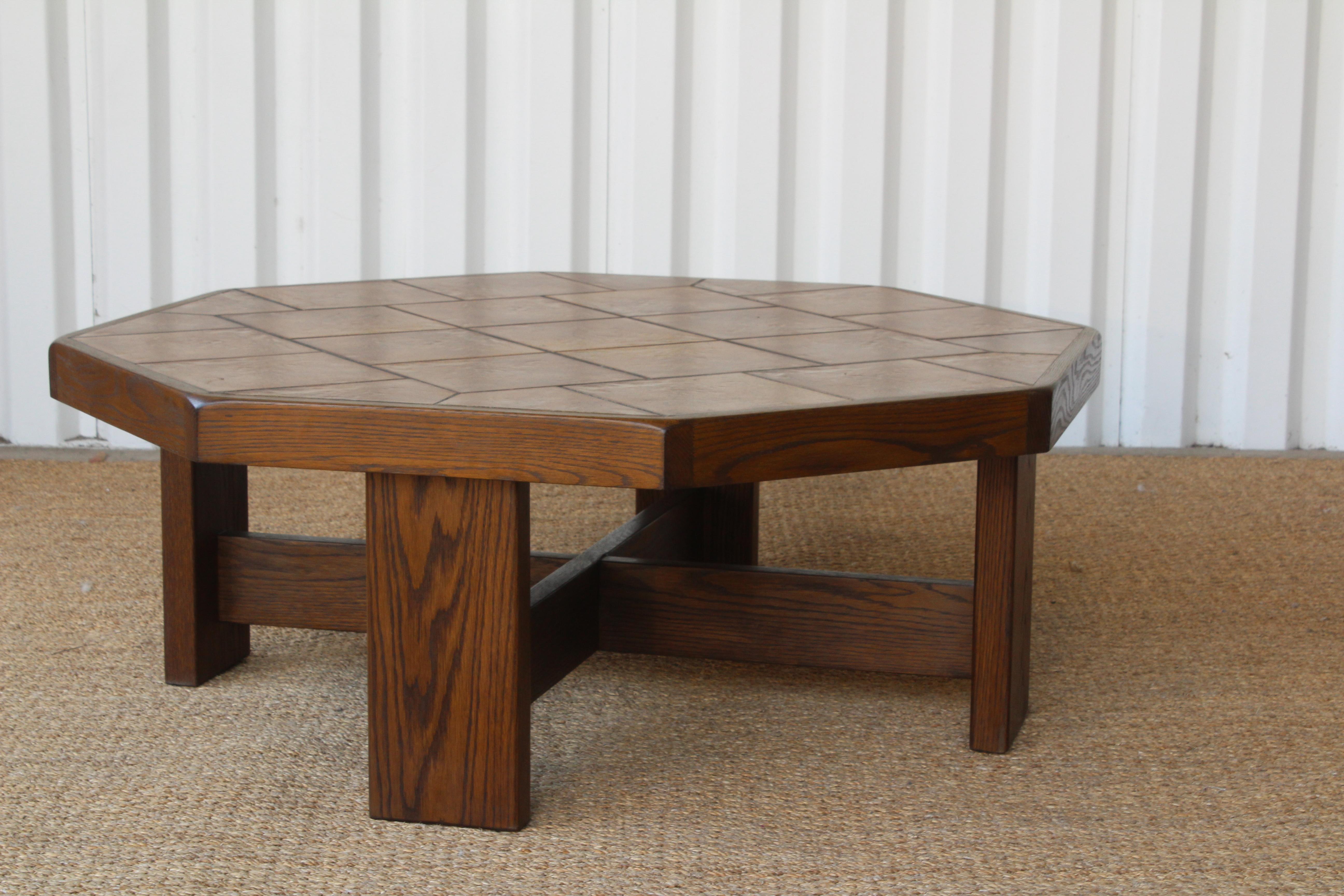 French Oak and Ceramic Tile Coffee Table, France, 1970s