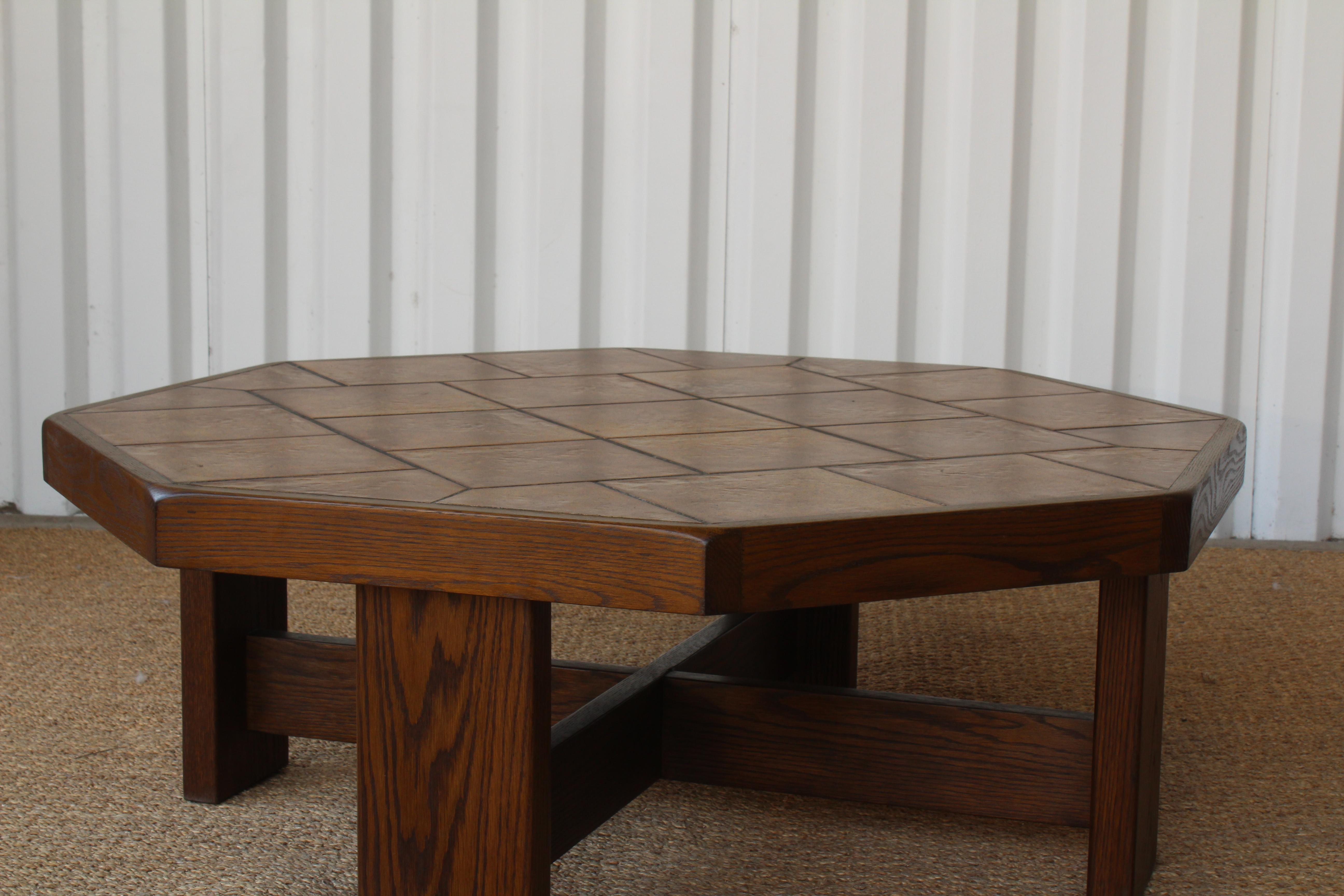 Glazed Oak and Ceramic Tile Coffee Table, France, 1970s