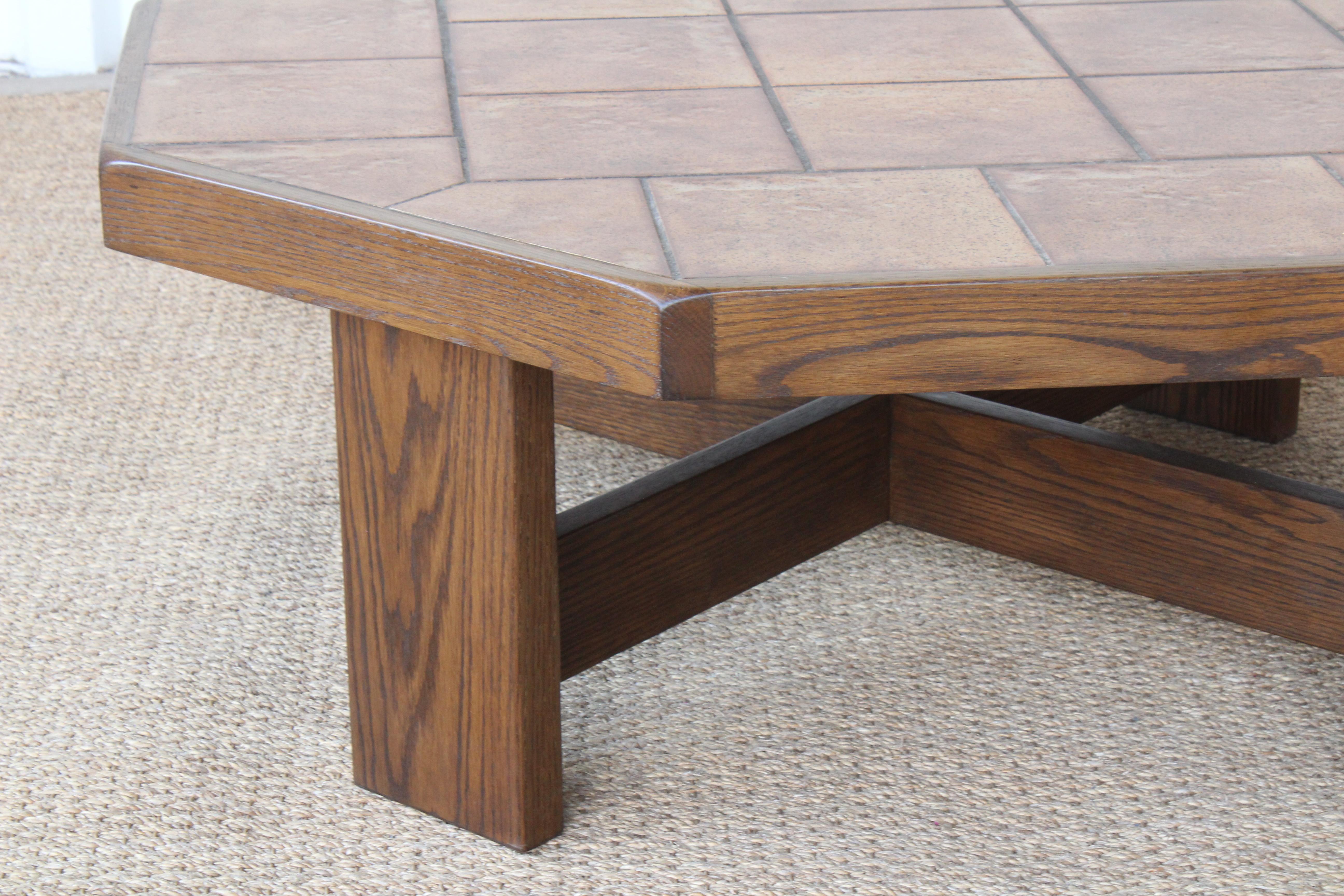 Oak and Ceramic Tile Coffee Table, France, 1970s 1