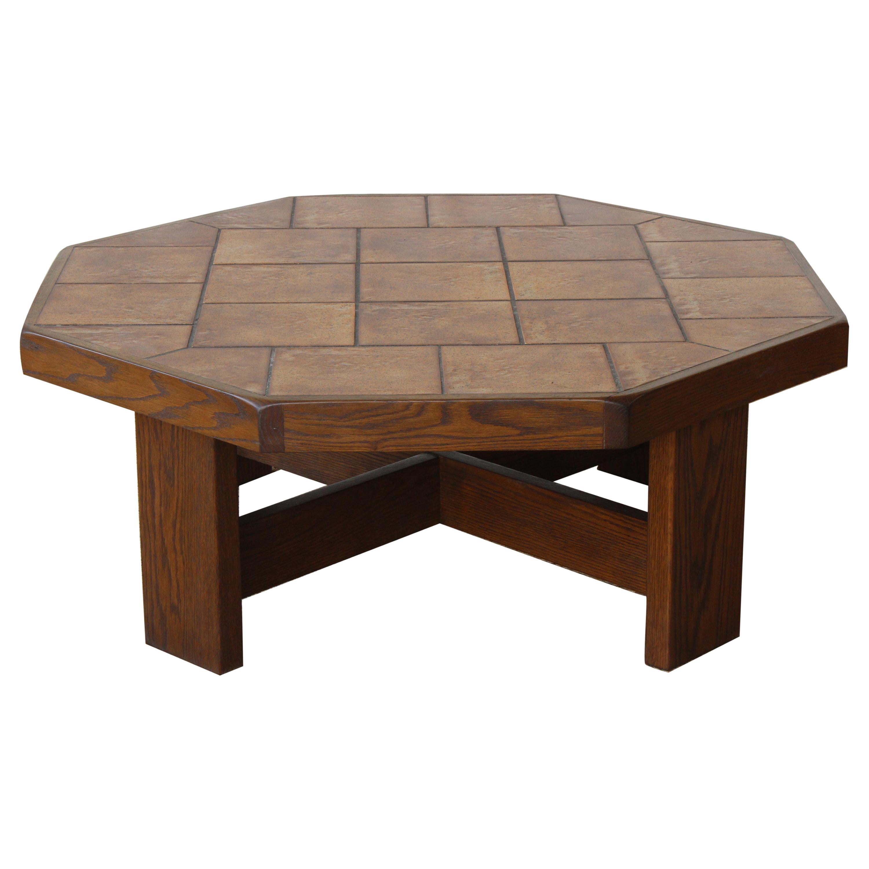 Oak and Ceramic Tile Coffee Table, France, 1970s