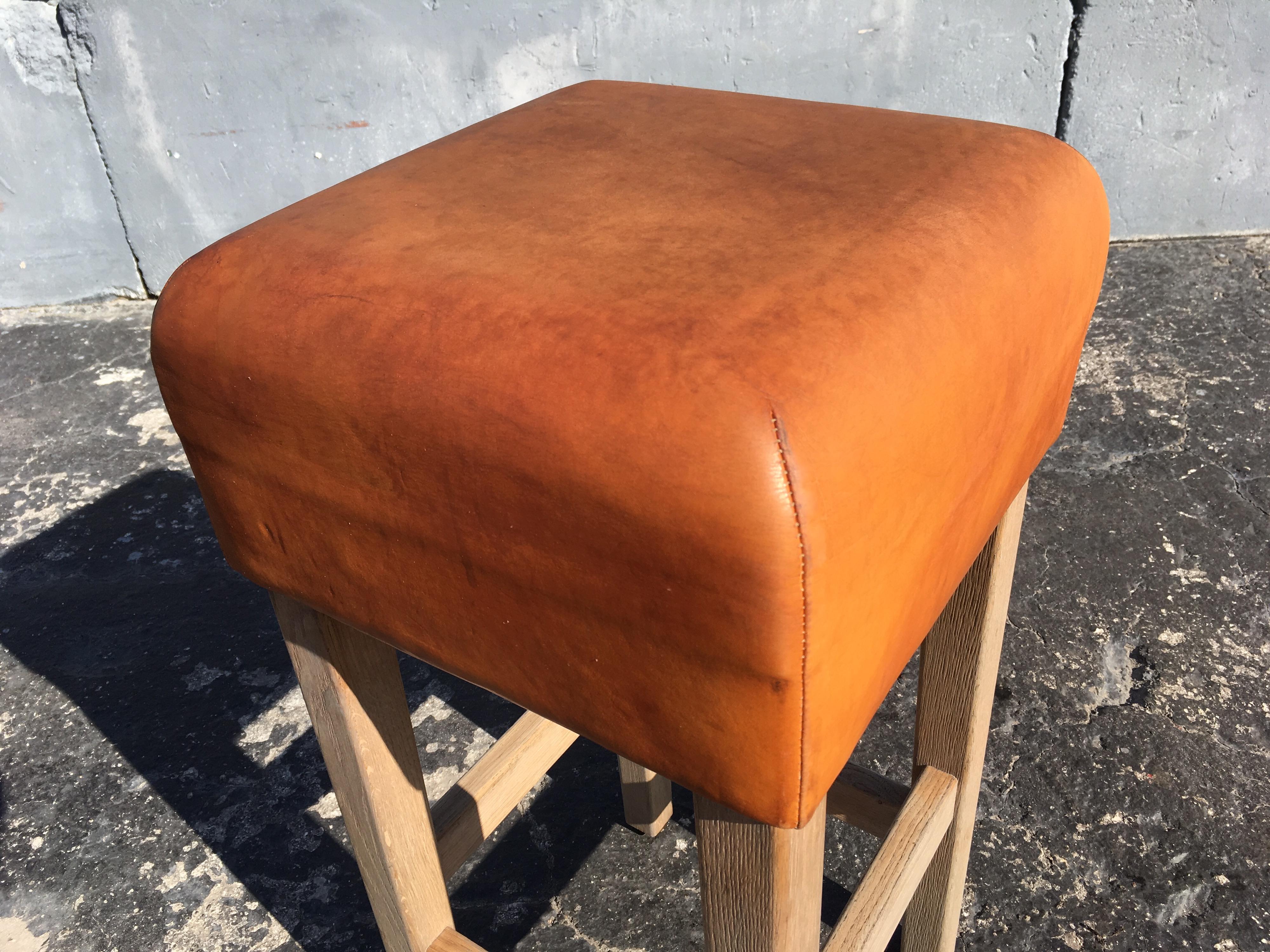 Oak and Cognac Saddle Leather Bar Stools in the Style of Jean-Michel Frank 3