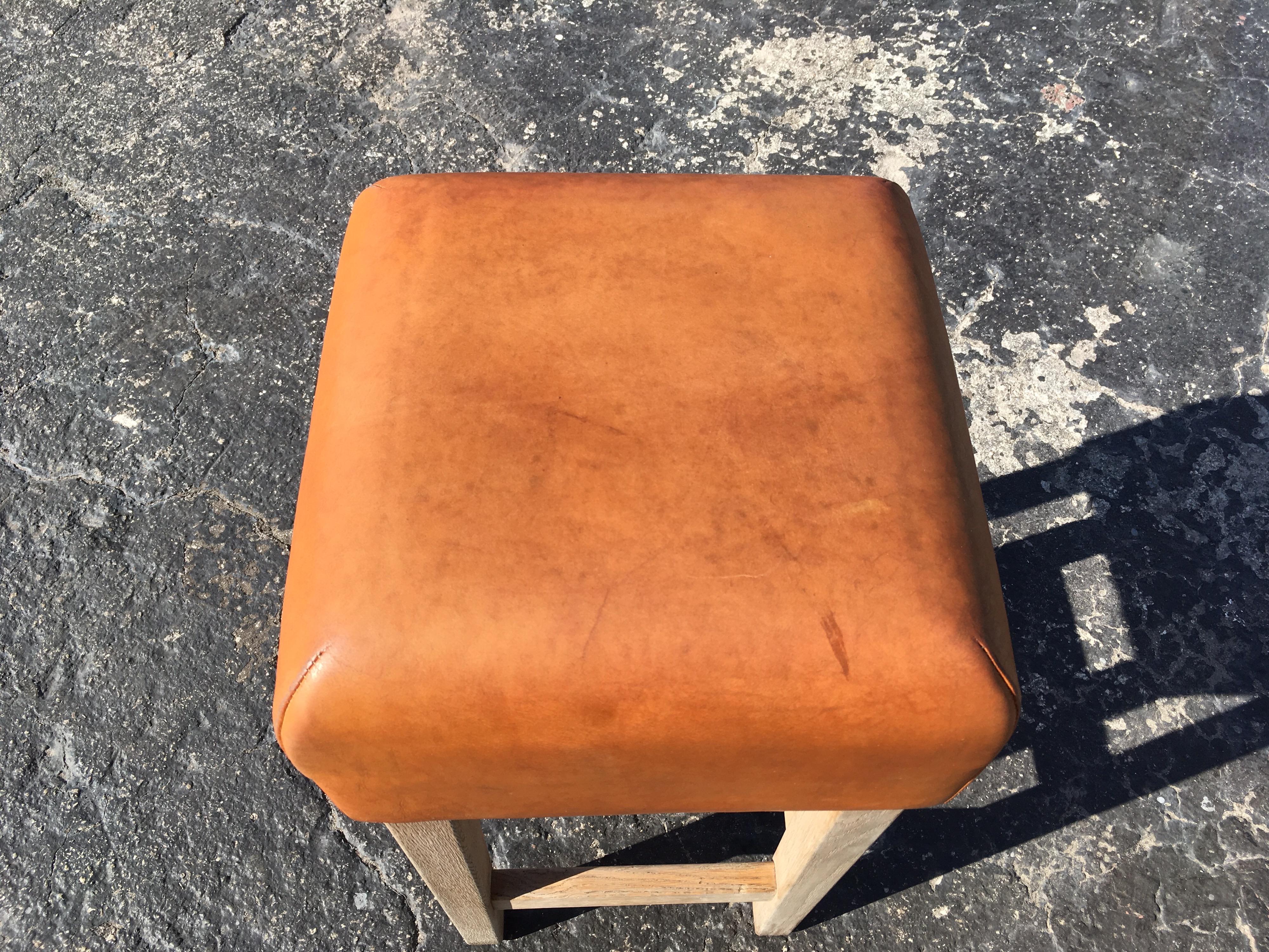 Oak and Cognac Saddle Leather Bar Stools in the Style of Jean-Michel Frank 4