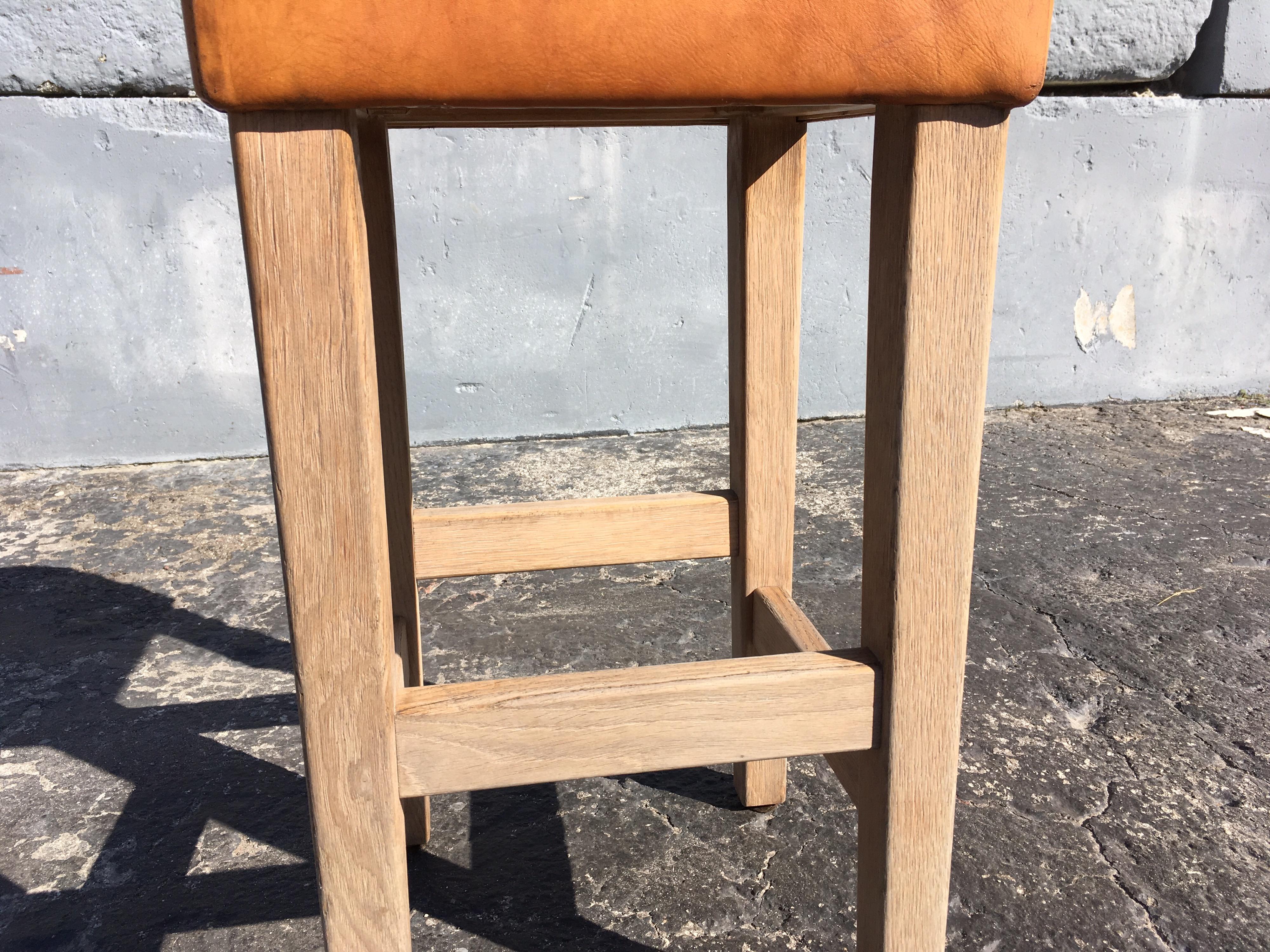 Oak and Cognac Leather Bar Stools in the Style of Jean-Michel Frank 2