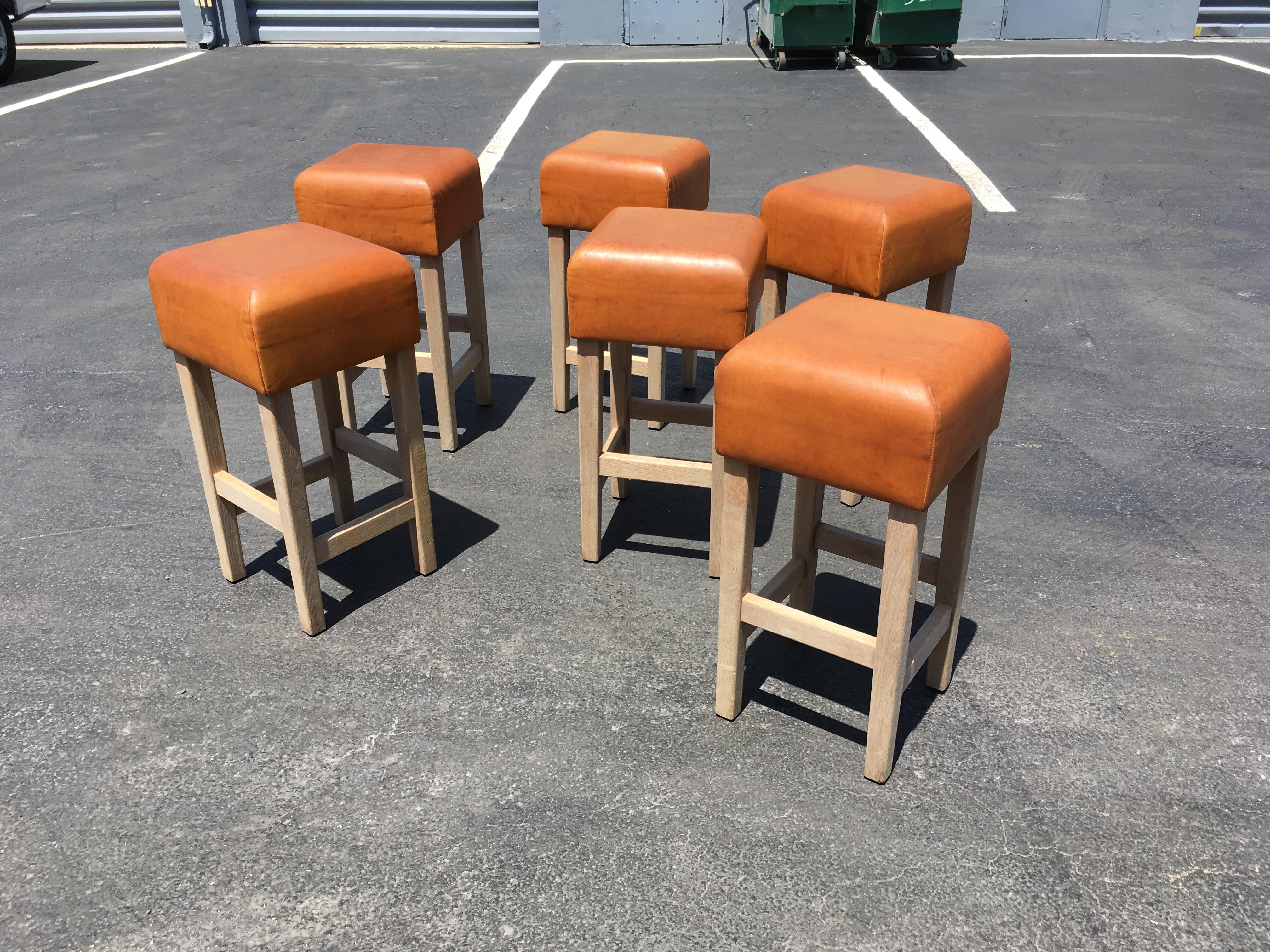 Oak and Cognac Leather Bar Stools in the Style of Jean-Michel Frank 3